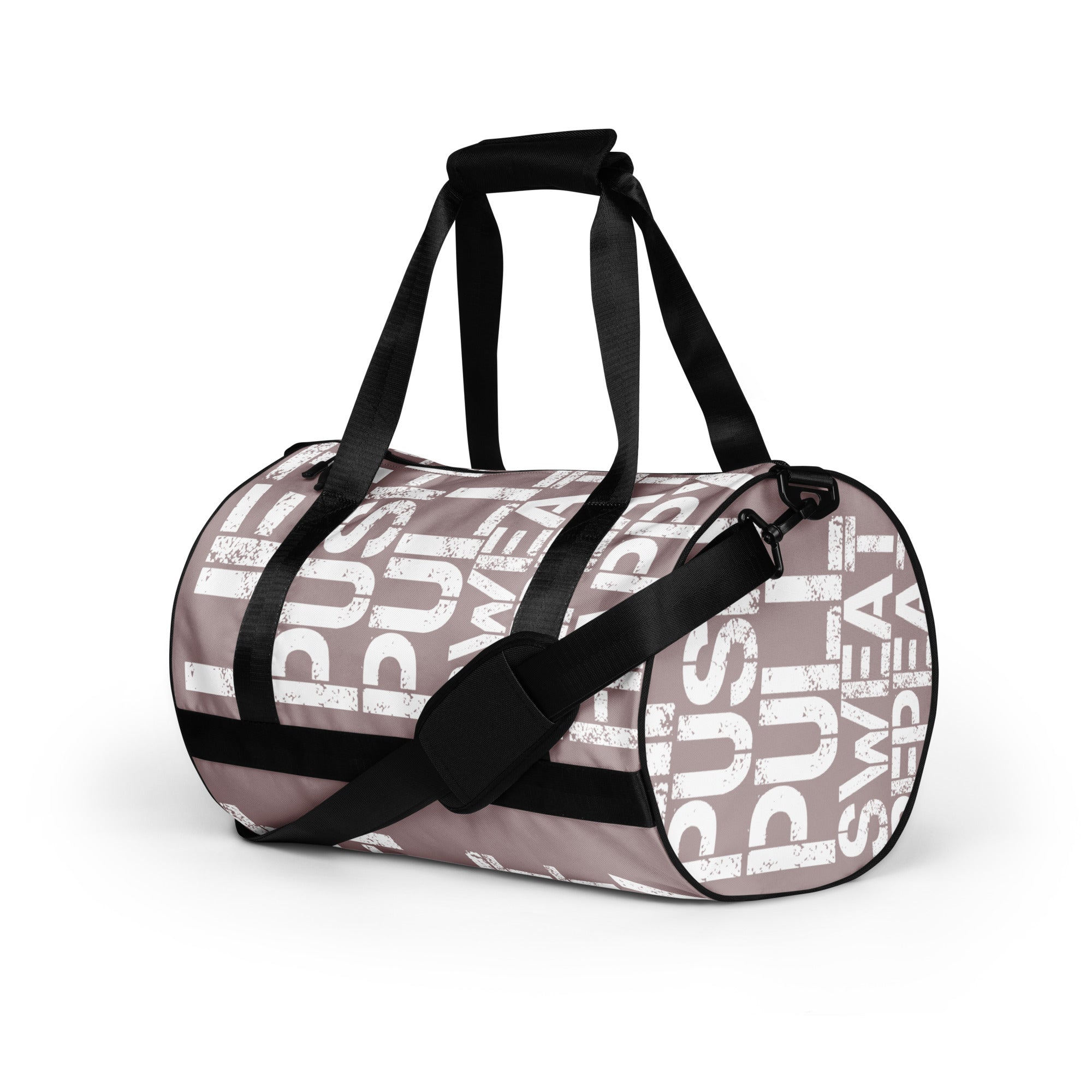 Gym Bag Lift Push Pull Sweat Repeat Happy Distress Print Taupe Small HappyStuff