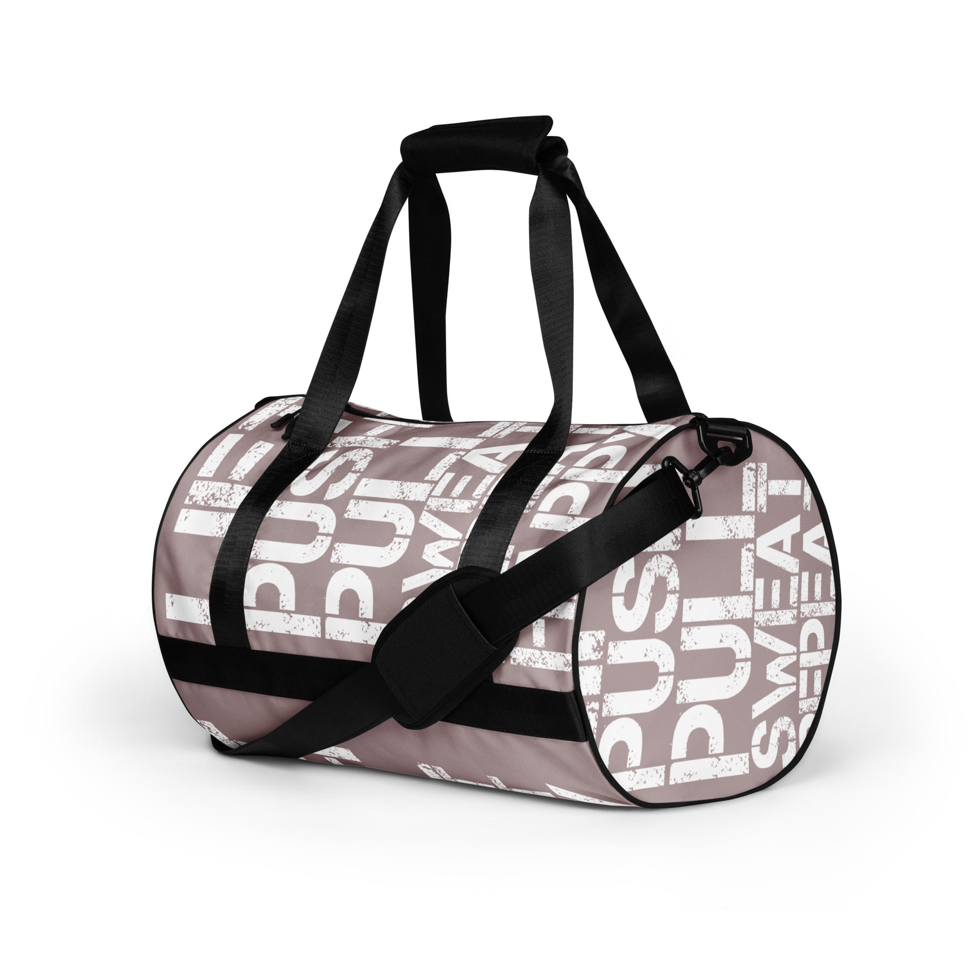 Gym bag taupe and white all over print Lift Push Pull Sweat Repeat Happy small duffle bag black detail angled side view showing handles and strap HappyStuff Brand