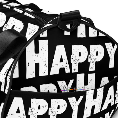 Gym bagHappy sponge print black and white water-resistant durable small duffle bag end pocket view HappyStuff Brand