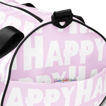 Gym bagHappy sponge print black white on pink water-resistant durable small duffle bag end pocket view HappyStuff Brand