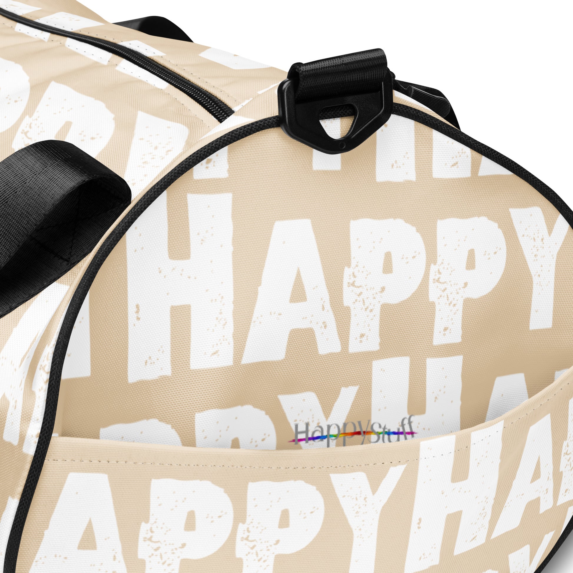 Gym bagHappy sponge print black white on beige water-resistant durable small duffle bag end pocket view HappyStuff Brand