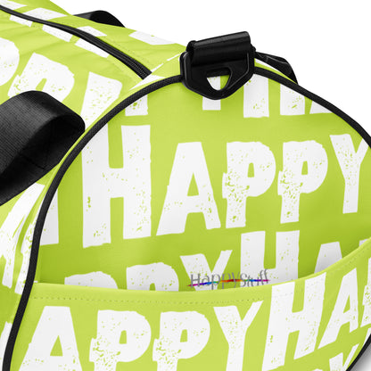 Gym bagHappy sponge print black white on green water-resistant durable small duffle bag end pocket view HappyStuff Brand