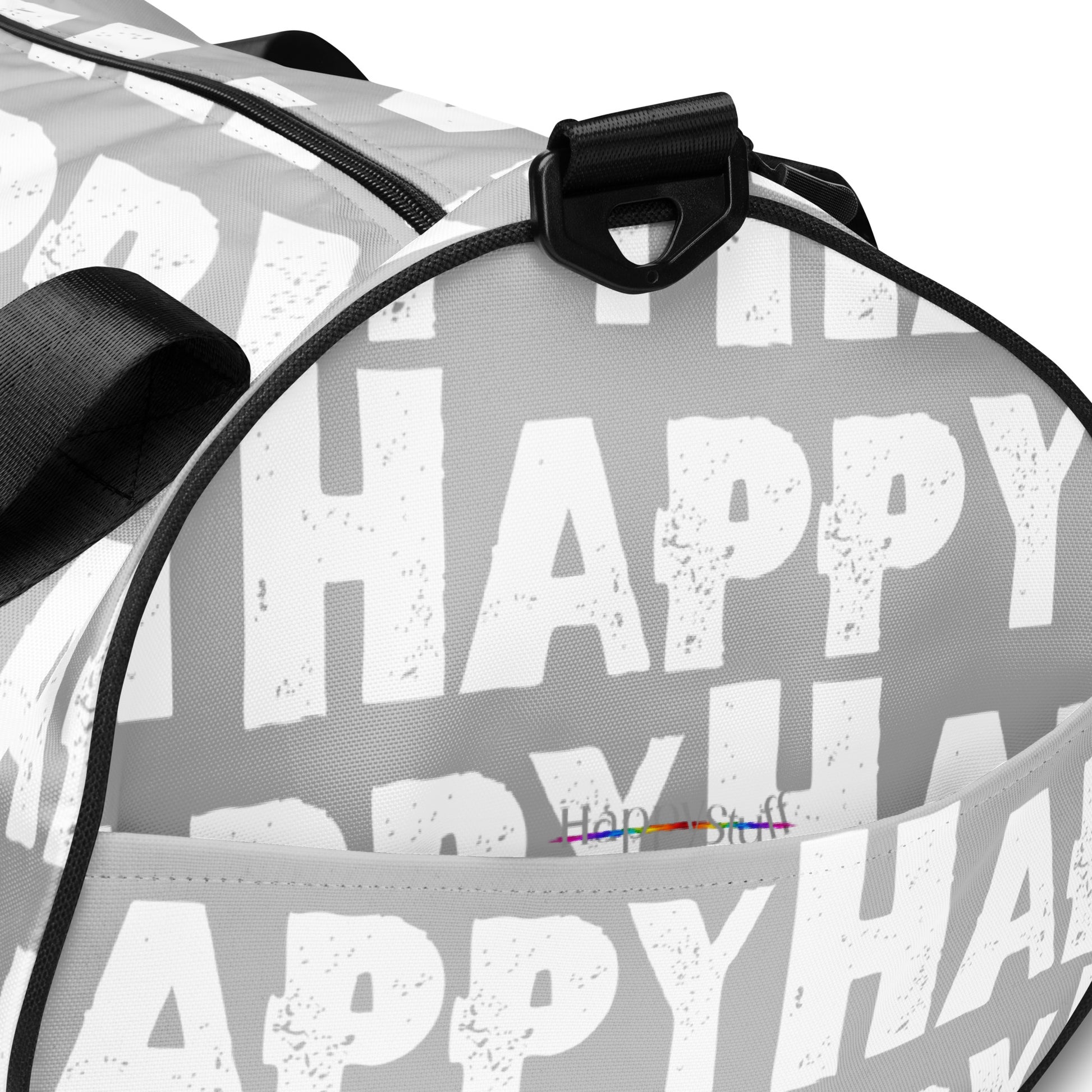 Gym bagHappy sponge print black white on grey water-resistant durable small duffle bag end pocket view HappyStuff Brand