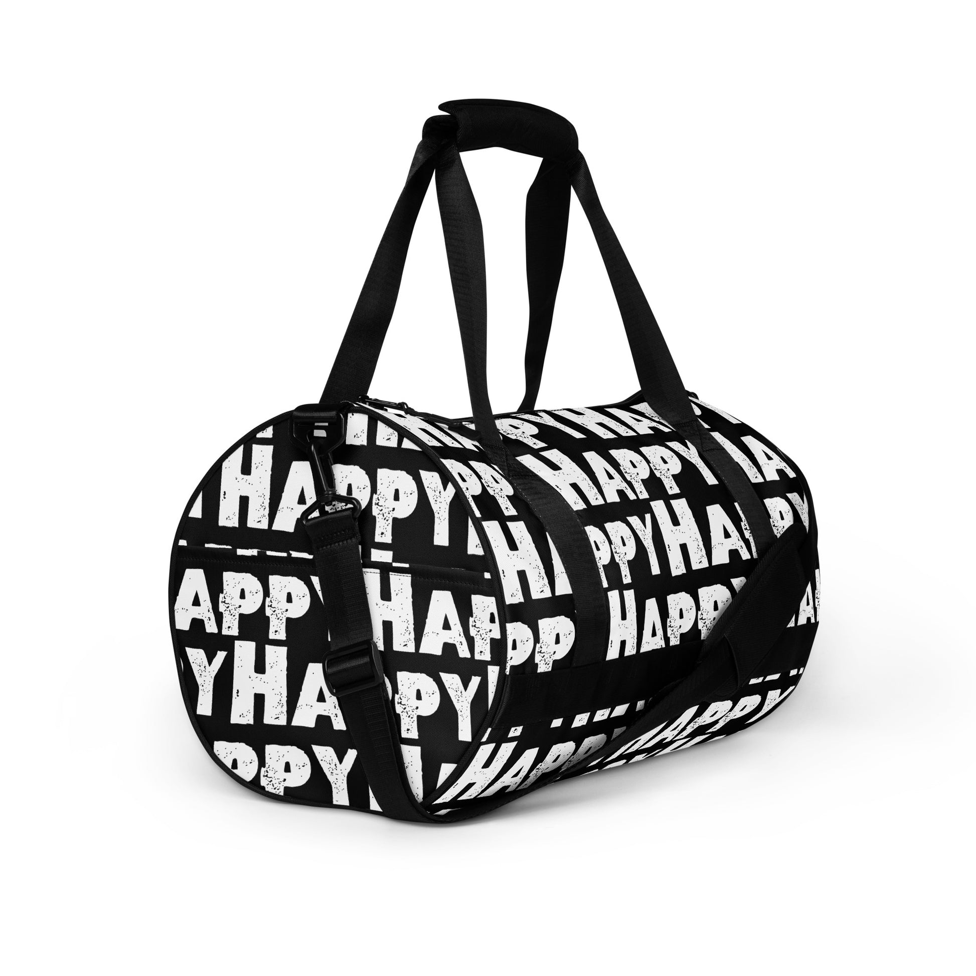 Gym bag Happy sponge print black and white small duffle bag angled side view showing handles, strap and end pocket HappyStuff Brand