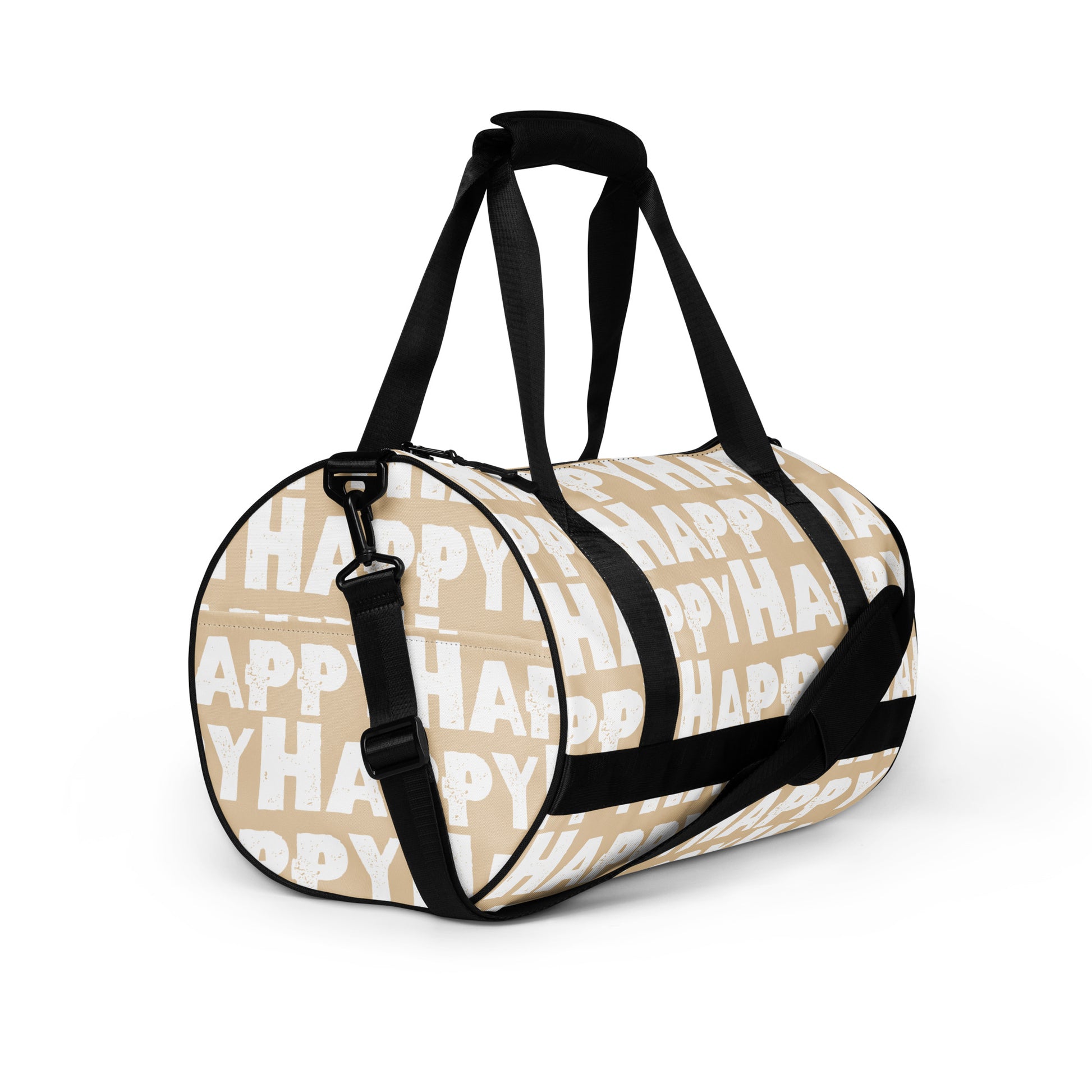 Gym bag Happy sponge print black white on beige small duffle bag angled side view showing handles, strap and end pocket HappyStuff Brand