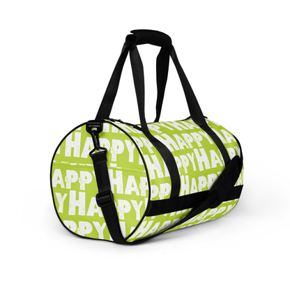 Gym bag Happy sponge print black white on green small duffle bag angled side view showing handles, strap and end pocket HappyStuff Brand