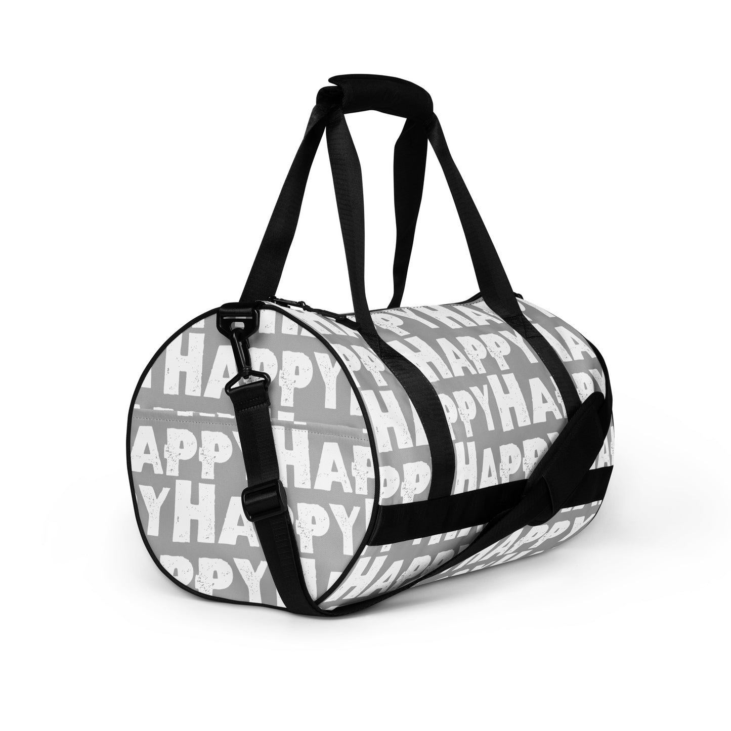 Gym bag Happy sponge print black white on grey small duffle bag angled side view showing handles, strap and end pocket HappyStuff Brand