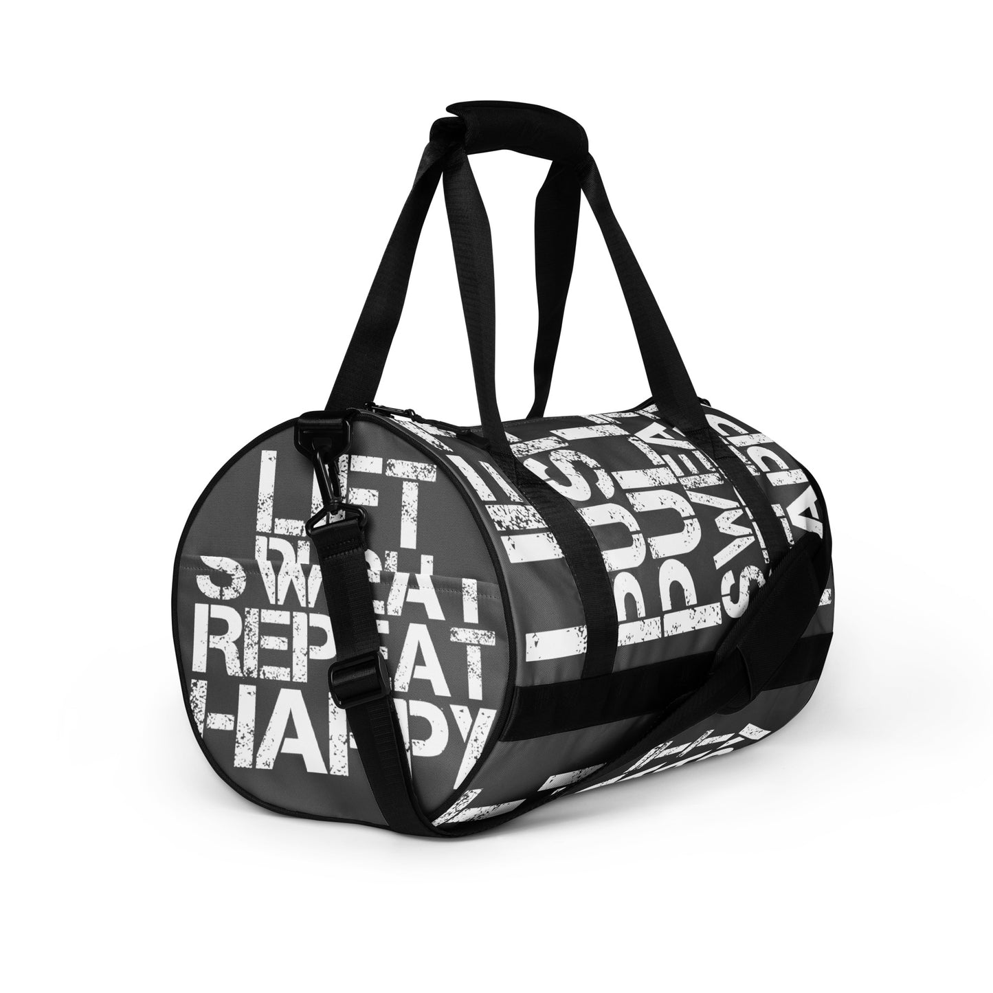 Gym bag slate grey and white all over print Lift Push Pull Sweat Repeat Happy small duffle bag angled side view showing black detail handles, strap and end pocket HappyStuff Brand