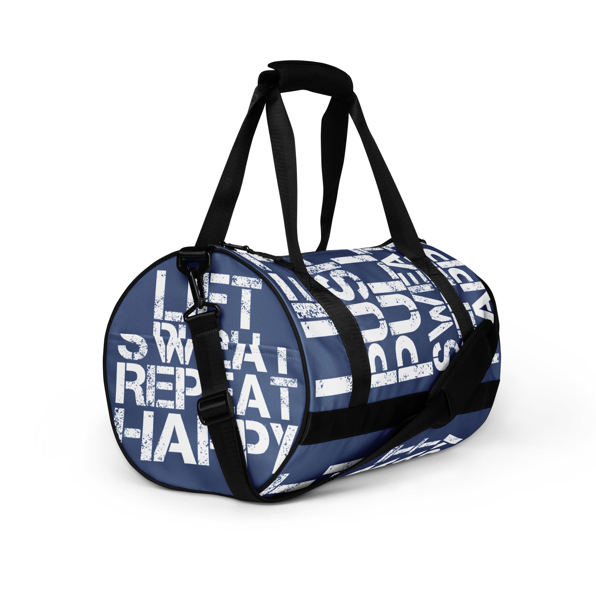 Gym bag denim blue and white all over print Lift Push Pull Sweat Repeat Happy small duffle bag angled side view showing black detail handles, strap and end pocket HappyStuff Brand