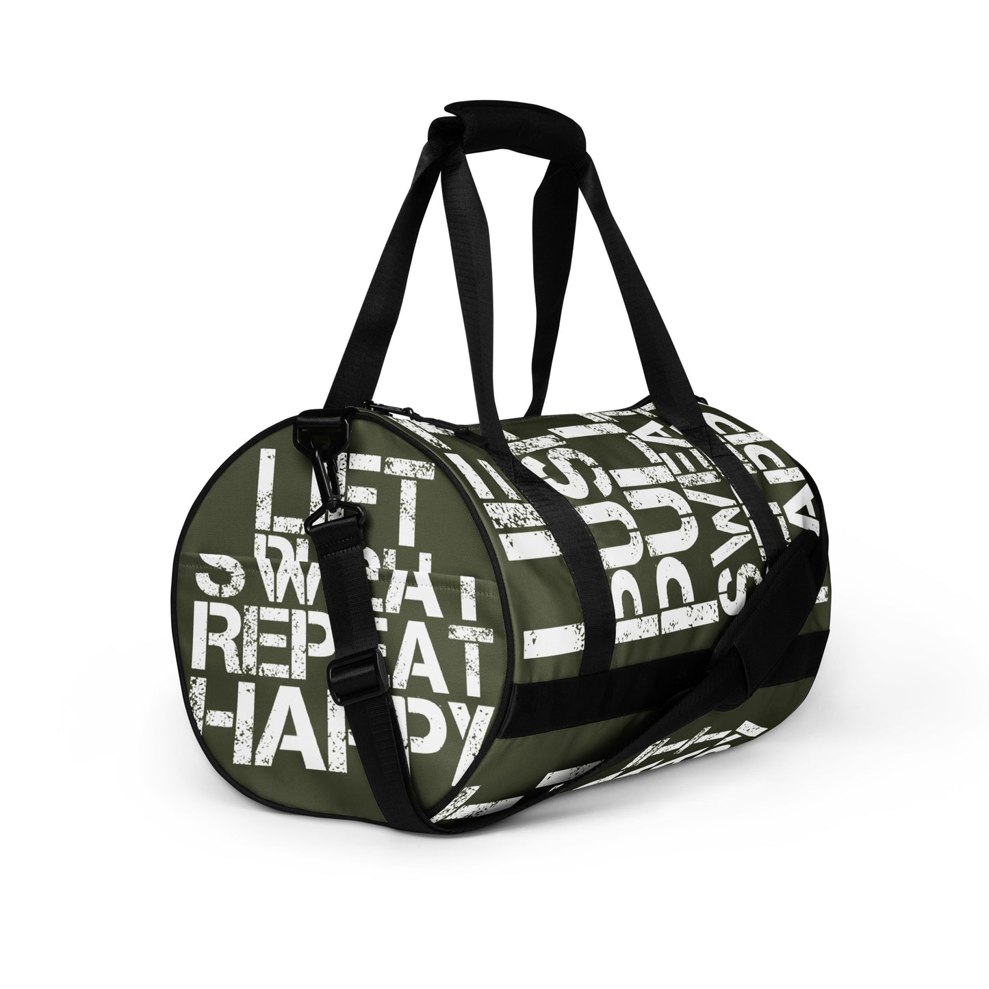 Gym bag khaki green and white all over print Lift Push Pull Sweat Repeat Happy small duffle bag angled side view showing black detail handles, strap and end pocket HappyStuff Brand