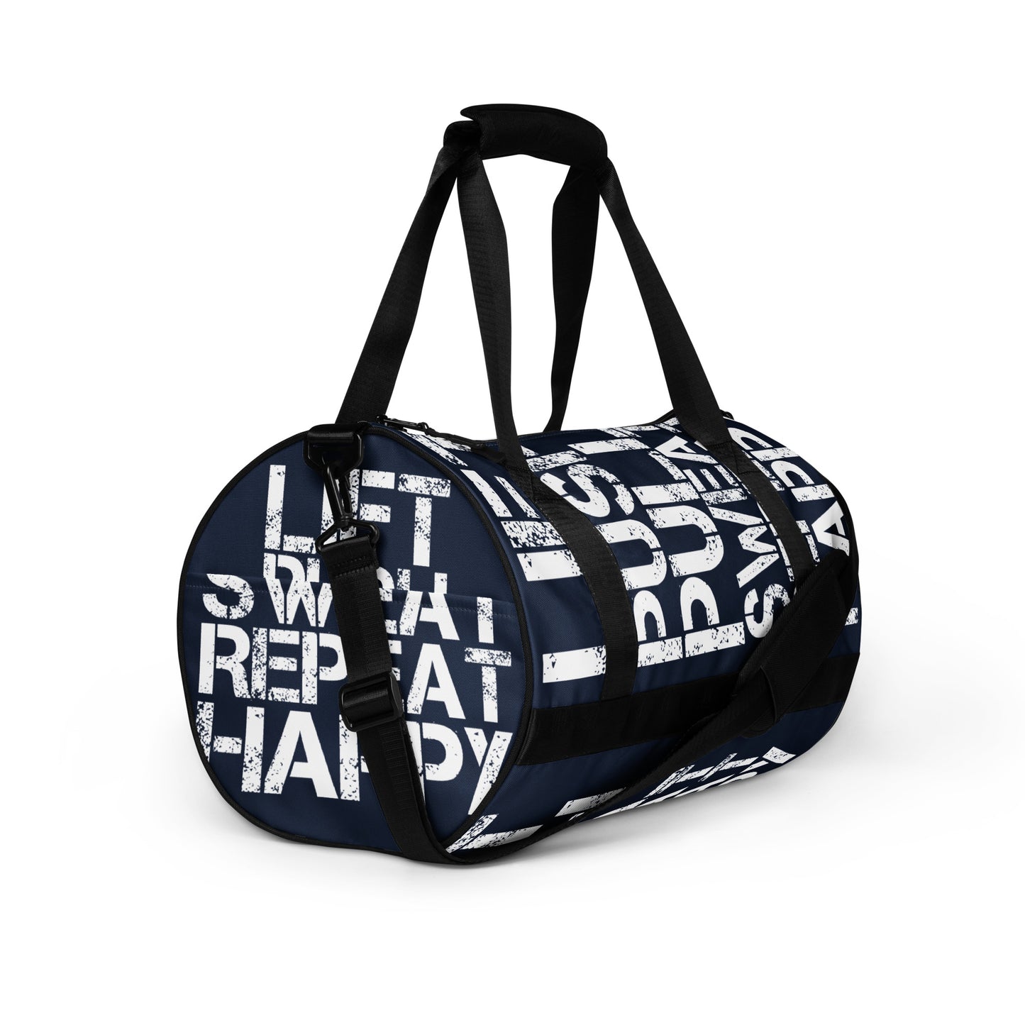 Gym bag navy blue and white all over print Lift Push Pull Sweat Repeat Happy small duffle bag angled side view showing black detail handles, strap and end pocket HappyStuff Brand