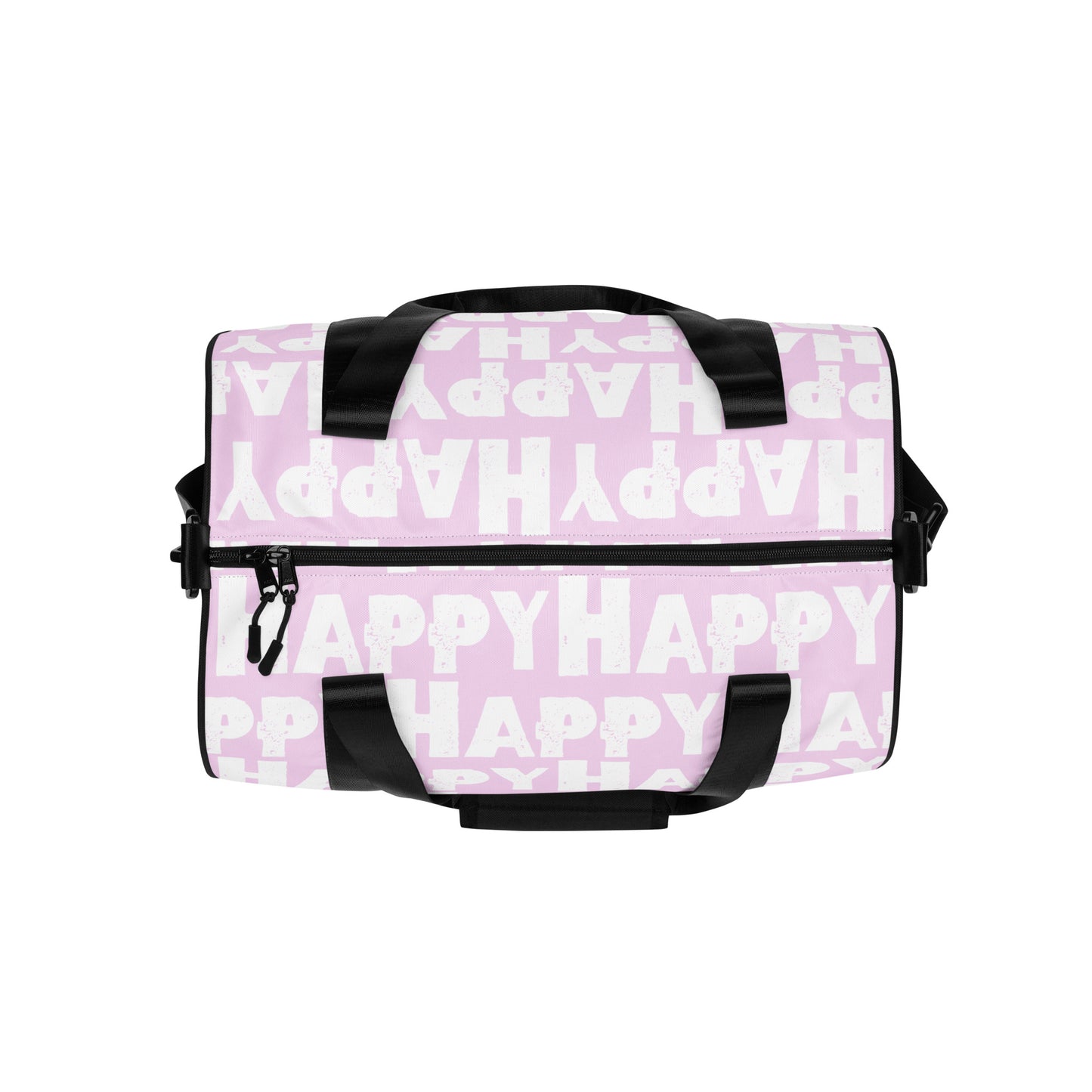 Gym bag overhead view Happy sponge print black white on pink water-resistant durable small duffle bag HappyStuff Brand