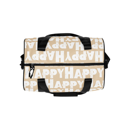 Gym bag overhead view Happy sponge print black white on beige water-resistant durable small duffle bag HappyStuff Brand