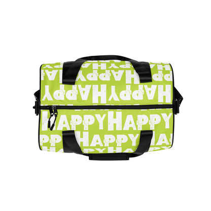 Gym bag overhead view Happy sponge print black white on green water-resistant durable small duffle bag HappyStuff Brand