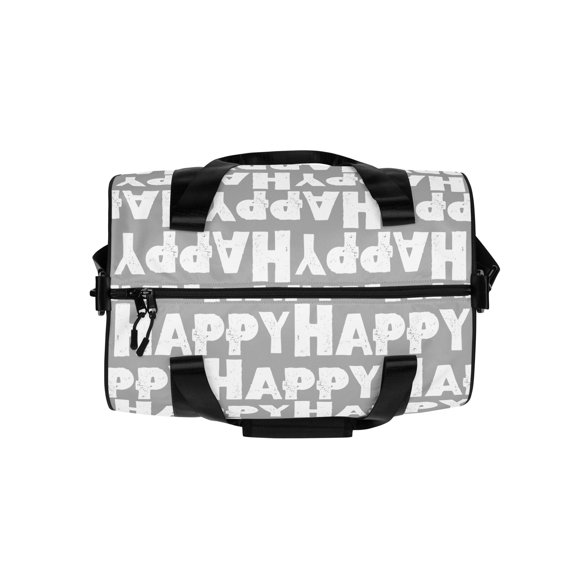 Gym bag overhead view Happy sponge print black white on grey water-resistant durable small duffle bag HappyStuff Brand