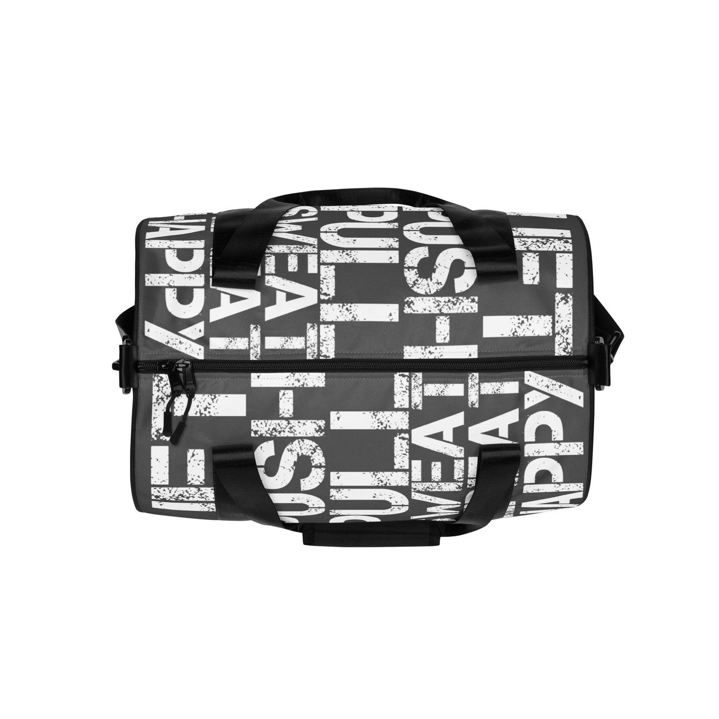 Gym bag overhead view slate grey and white all over print Lift Push Pull Sweat Repeat Happy small duffle bag black detail HappyStuff Brand