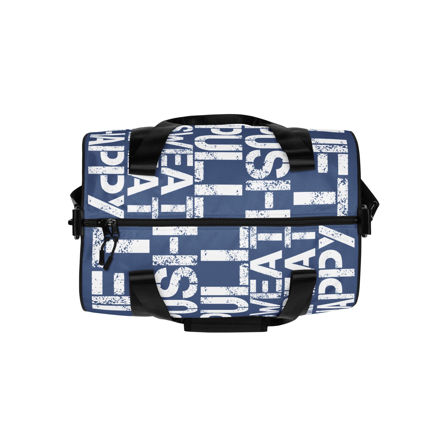 Gym bag overhead view denim blue and white all over print Lift Push Pull Sweat Repeat Happy small duffle bag black detail HappyStuff Brand