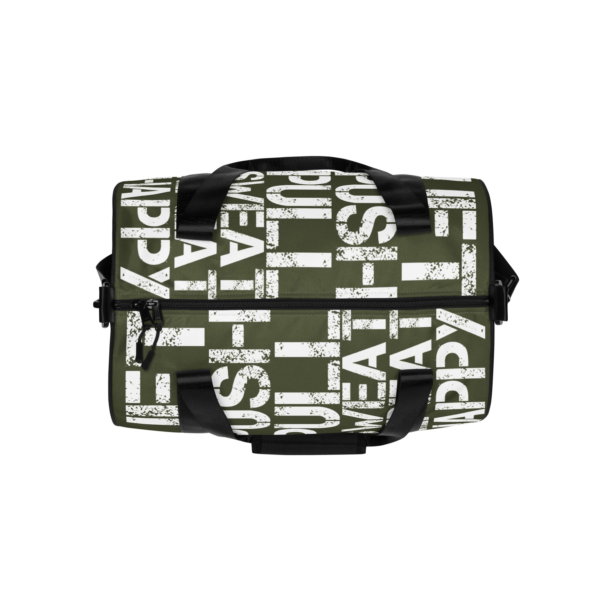 Gym bag overhead view khaki green and white all over print Lift Push Pull Sweat Repeat Happy small duffle bag black detail HappyStuff Brand