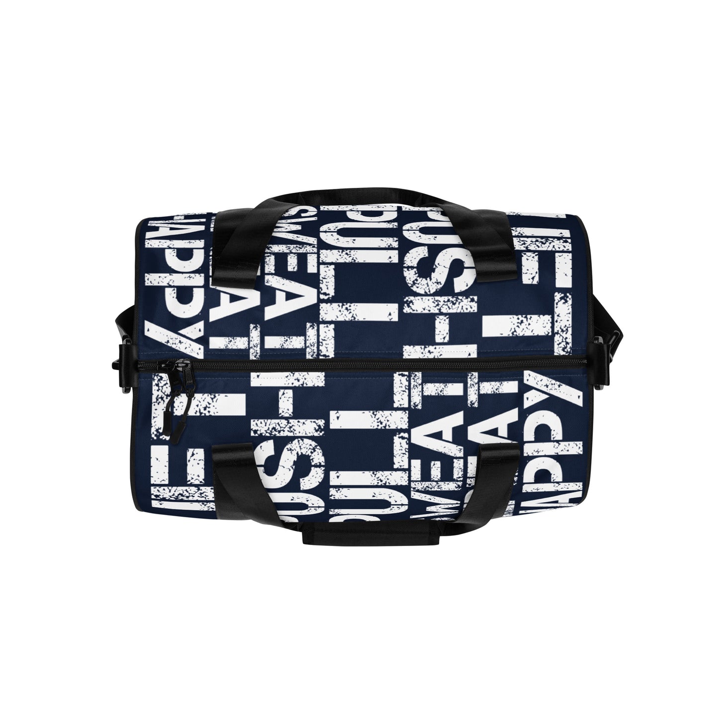 Gym bag overhead view navy blue and white all over print Lift Push Pull Sweat Repeat Happy small duffle bag black detail HappyStuff Brand