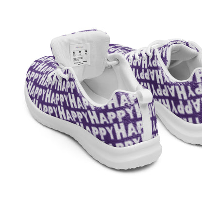 Happy Sponge Print purple sneakers peek inside cushy insole soft padded collar breathable lining HappyStuff brand mens athletic shoes