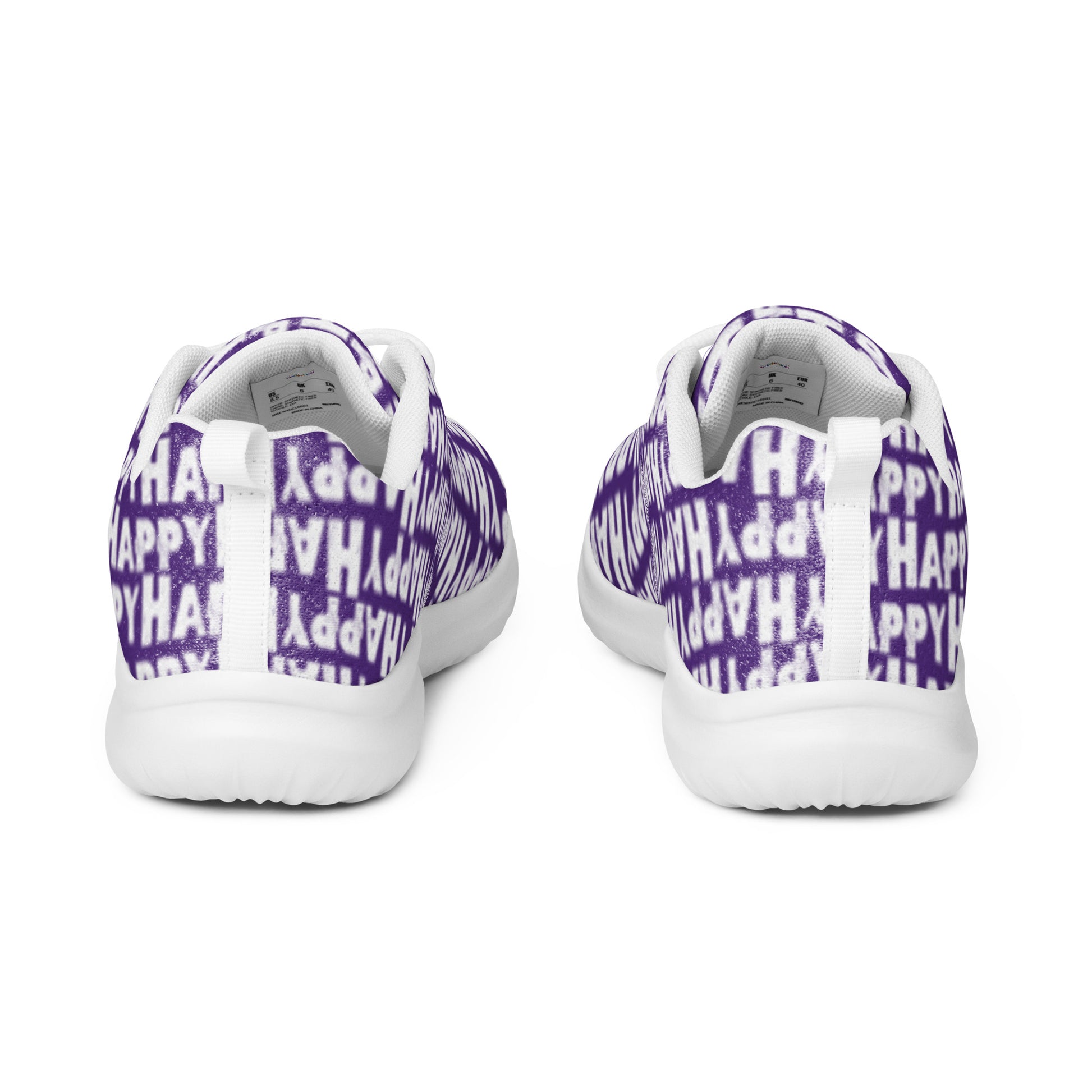 HappyStuff ultralight purple sneakers back view pull tabs soft padded collar Happy Sponge Print mens athletic shoes