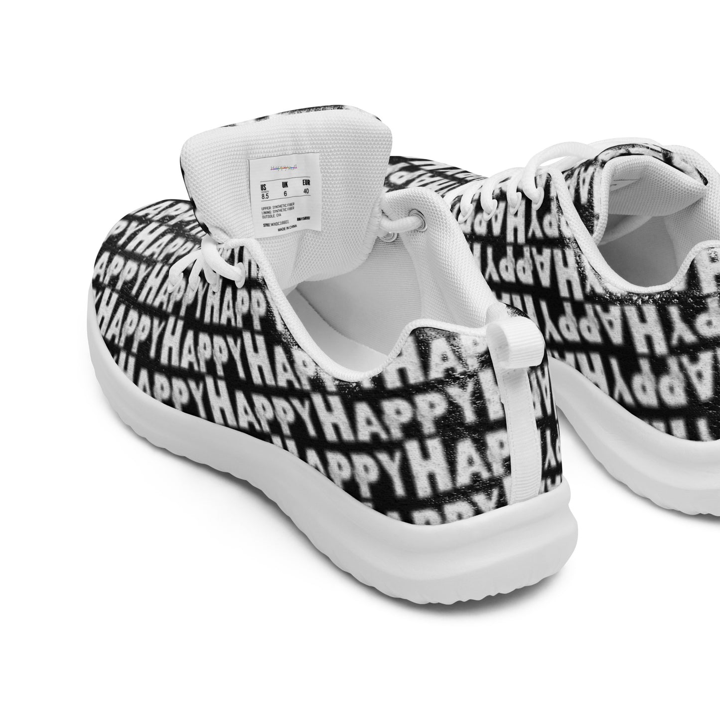 Happy Sponge Print black sneakers peek inside cushy insole soft padded collar breathable lining HappyStuff brand mens athletic shoes