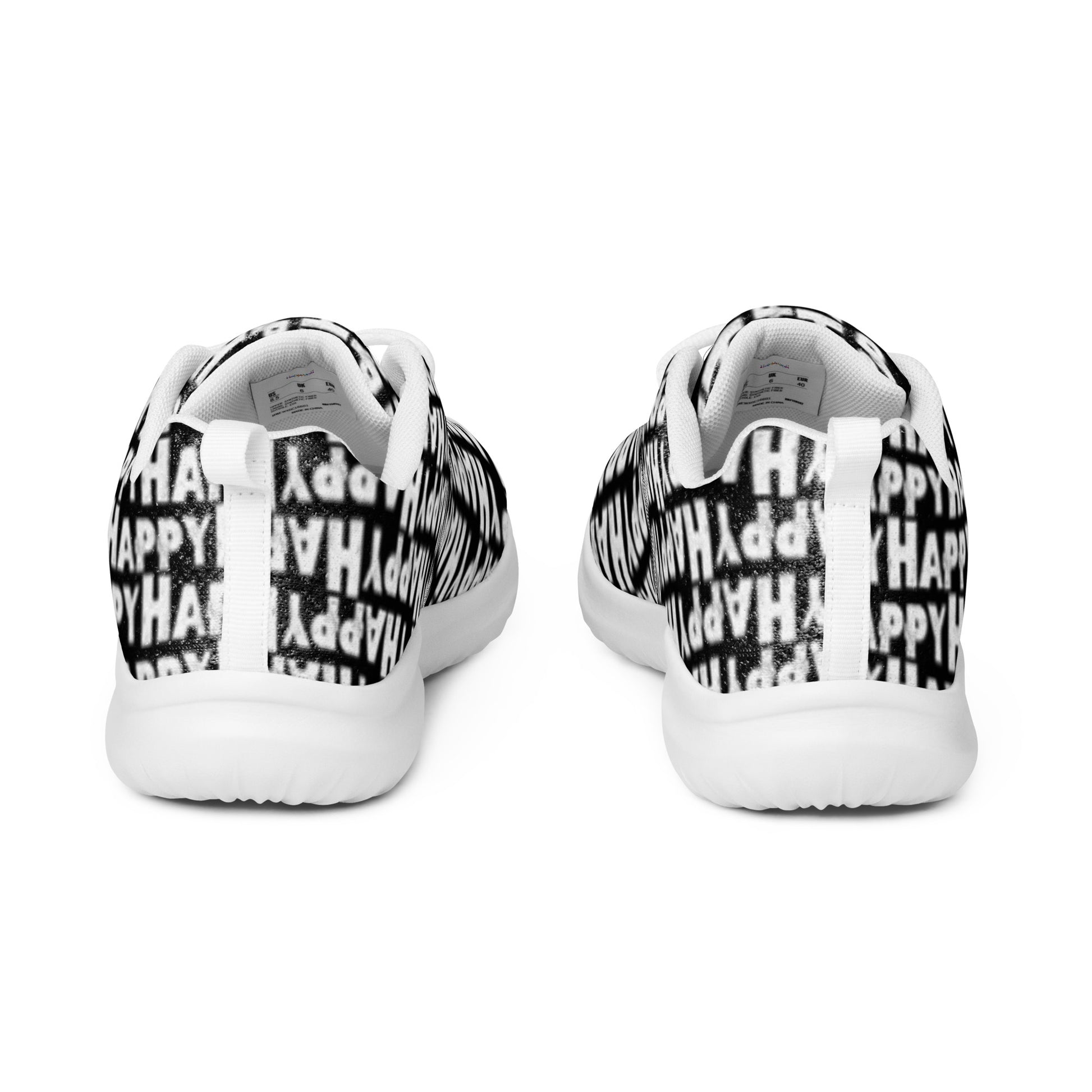 HappyStuff ultralight black sneakers back view pull tabs soft padded collar Happy Sponge Print mens athletic shoes