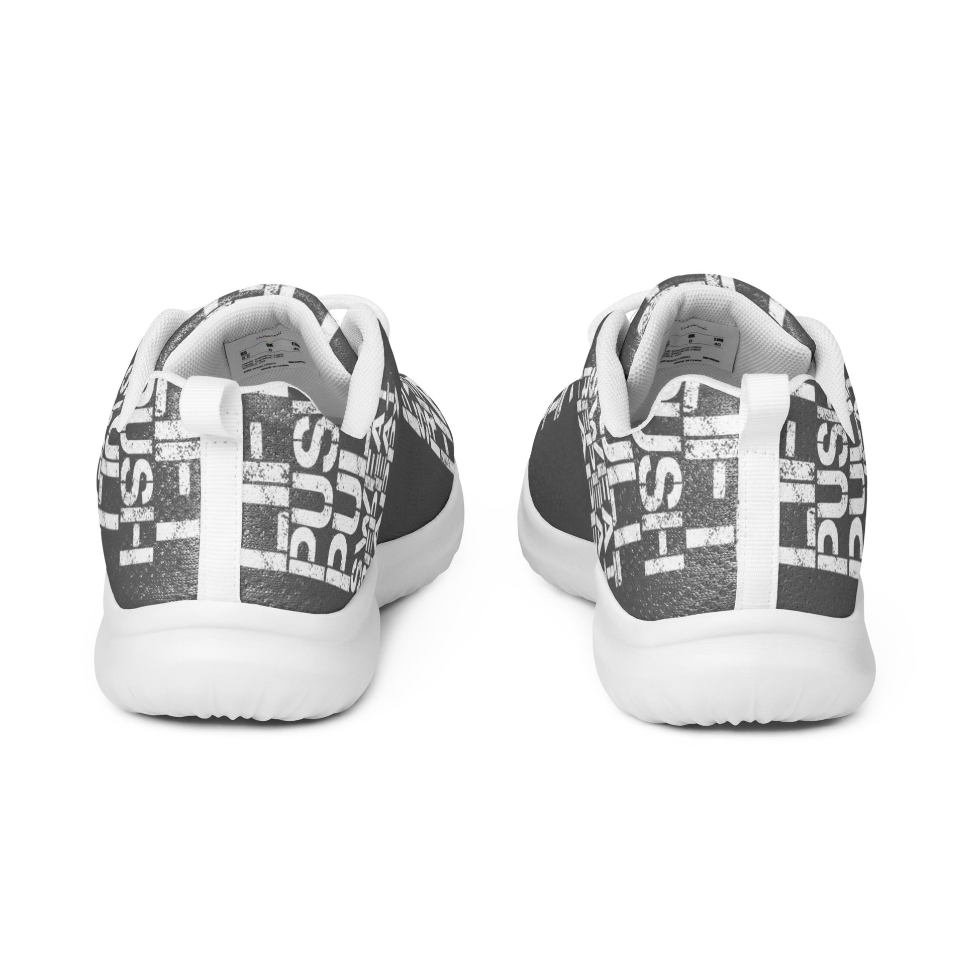 Ultralight slate grey sneakers back view pull tabs padded collar mens athletic shoes white lift push pull sweat repeat happy distress print