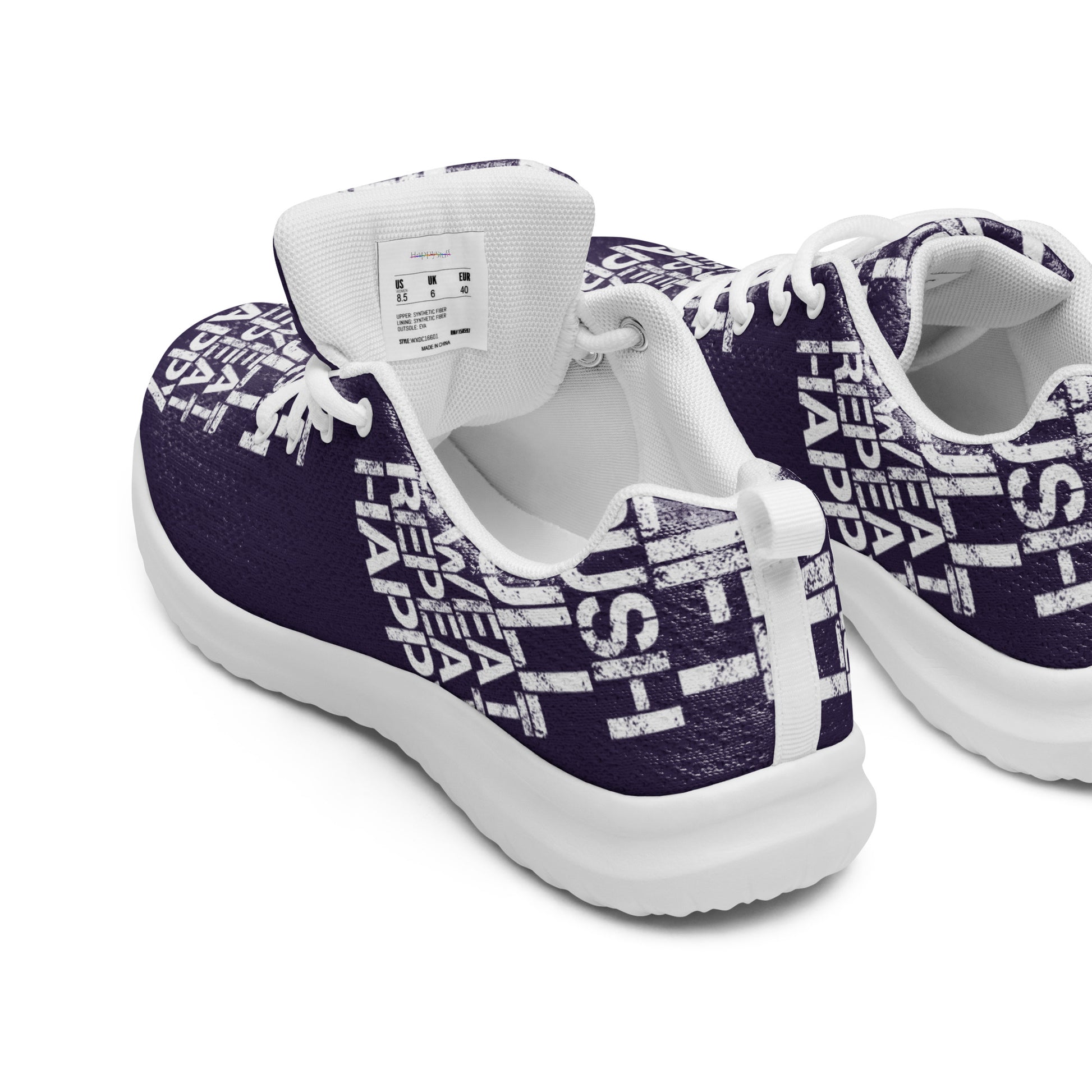 Mens dark purple sneakers peek inside cushy insole padded collar breathable lining white lift push pull sweat repeat happy distress print