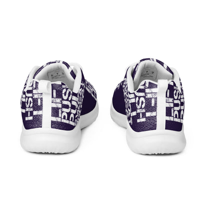 Ultralight dark purple sneakers back view pull tabs padded collar mens athletic shoes white lift push pull sweat repeat happy distress print