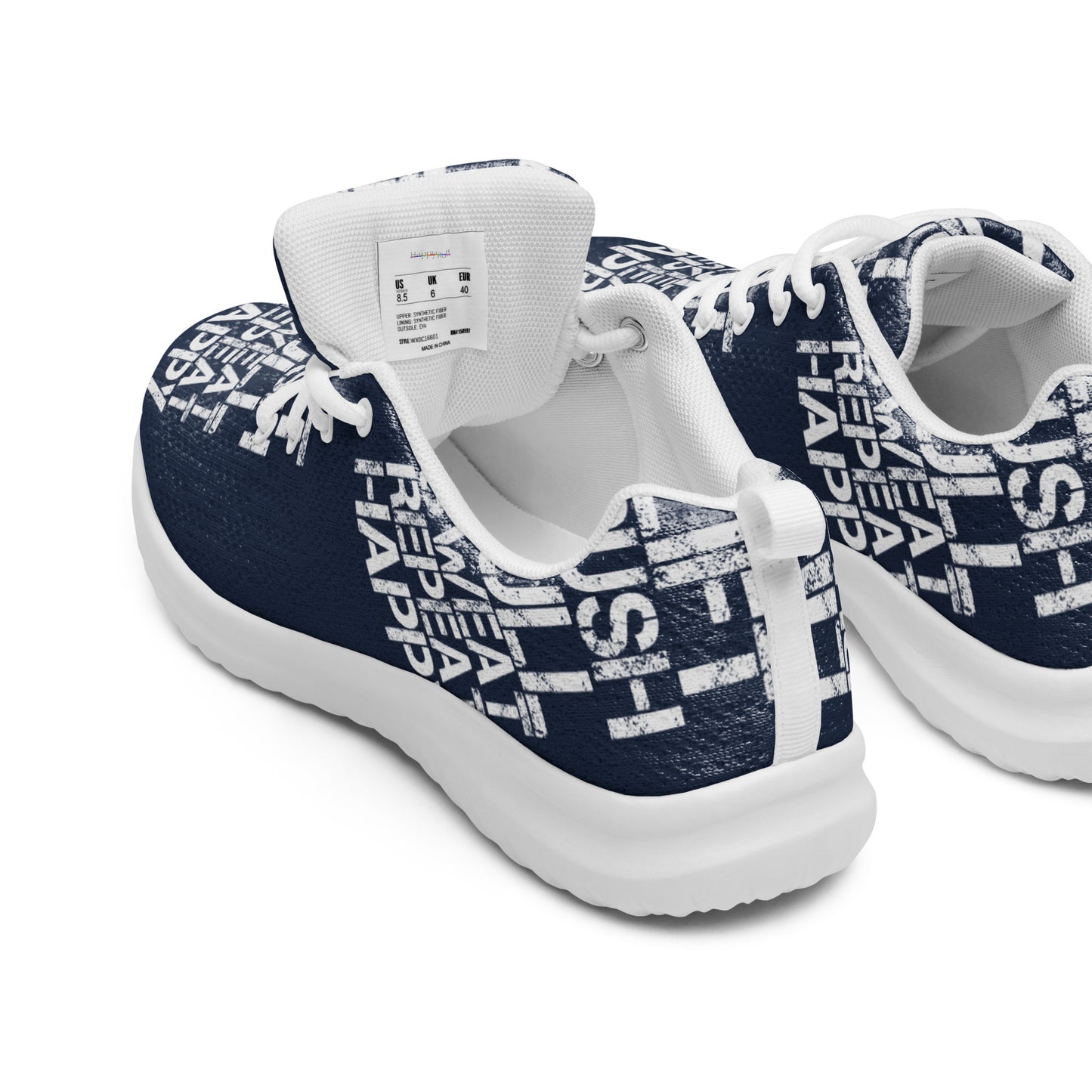 Mens navy blue sneakers peek inside cushy insole padded collar breathable lining white lift push pull sweat repeat happy distress print