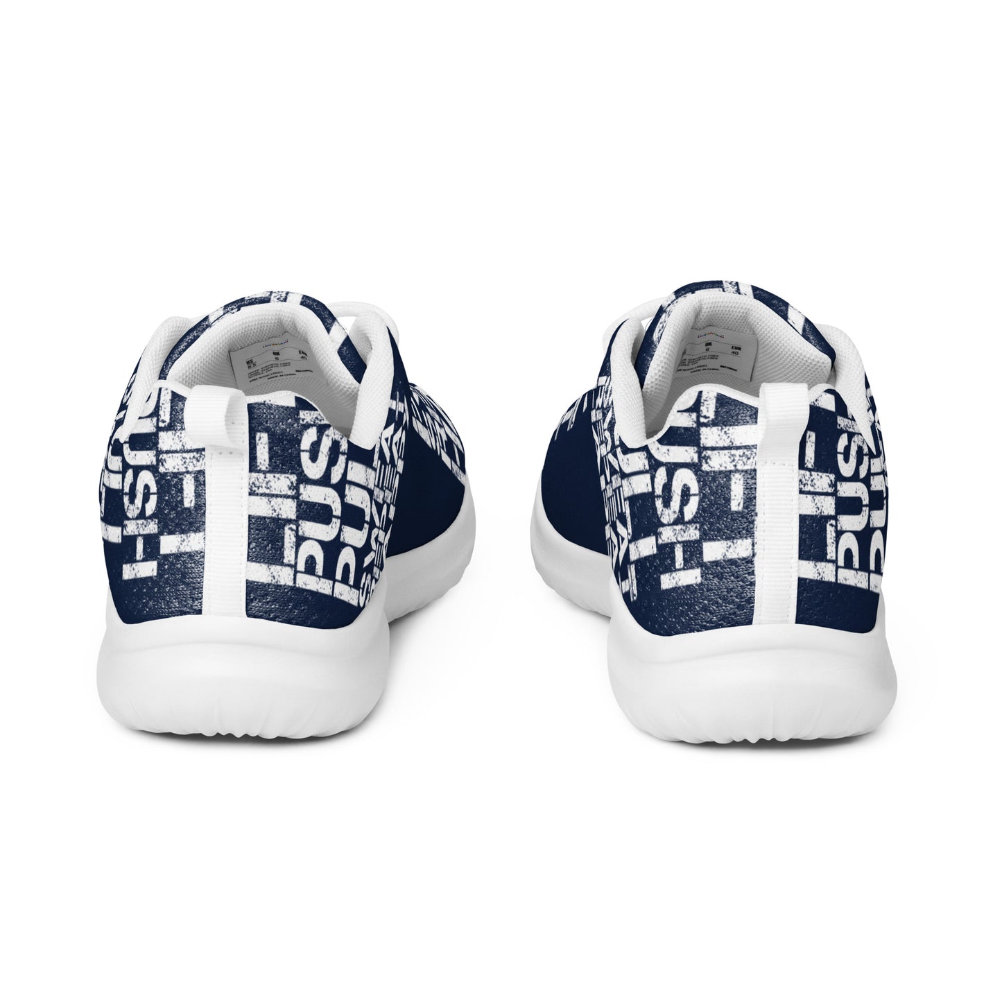 Ultralight navy blue sneakers back view pull tabs padded collar mens athletic shoes white lift push pull sweat repeat happy distress print