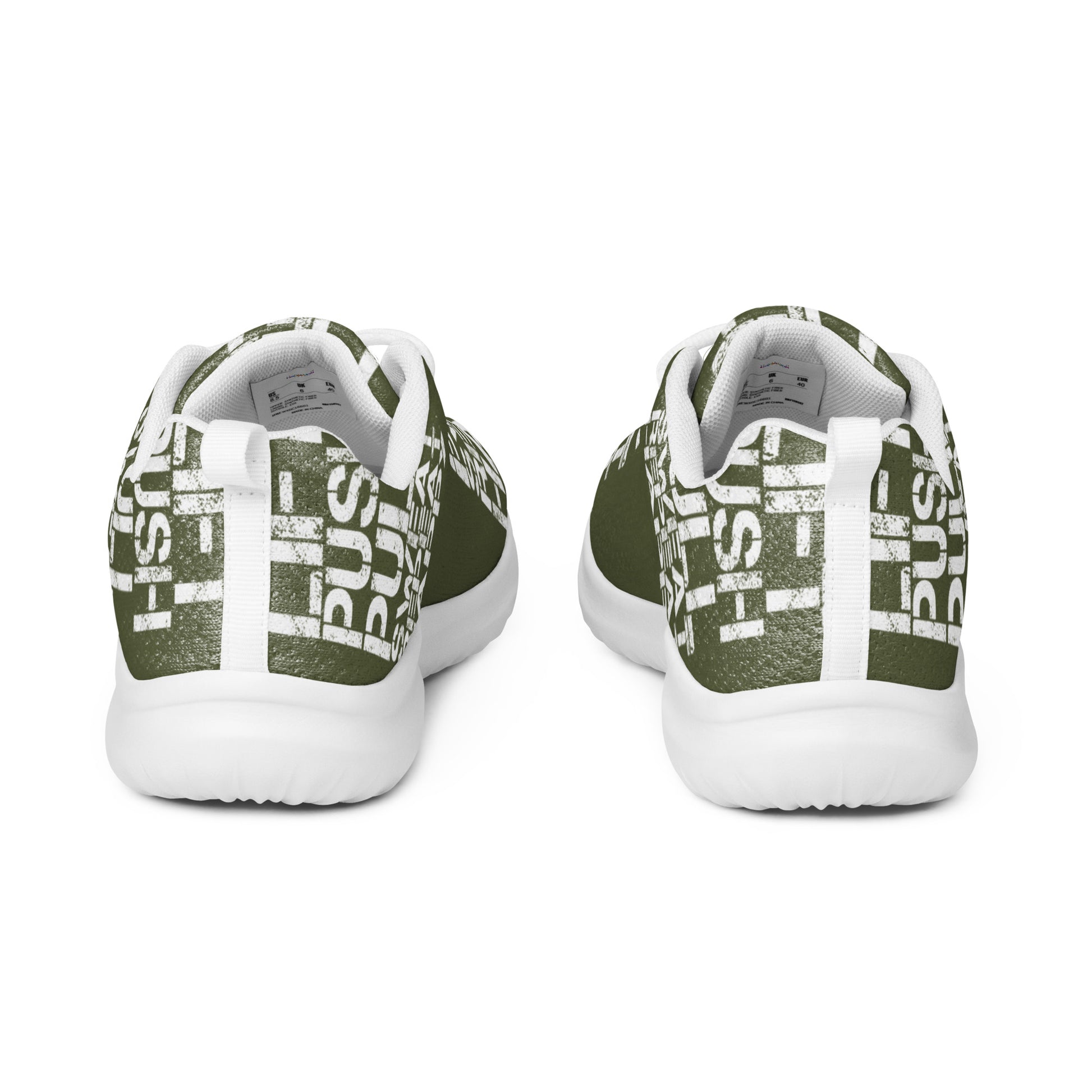 Ultralight khaki green sneakers back view pull tabs padded collar mens athletic shoes white lift push pull sweat repeat happy distress print