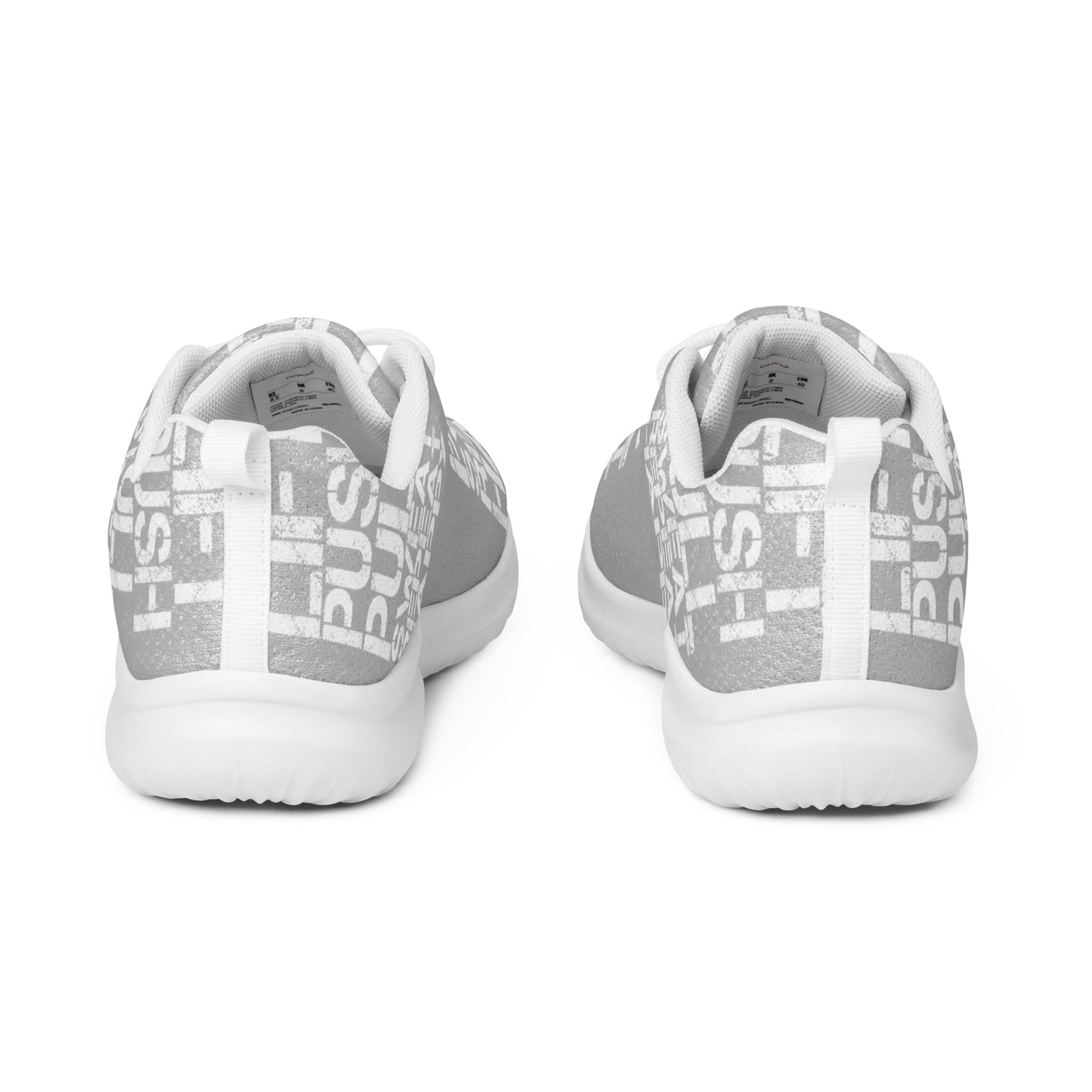 Ultralight grey sneakers back view pull tabs padded collar mens athletic shoes white lift push pull sweat repeat happy distress print