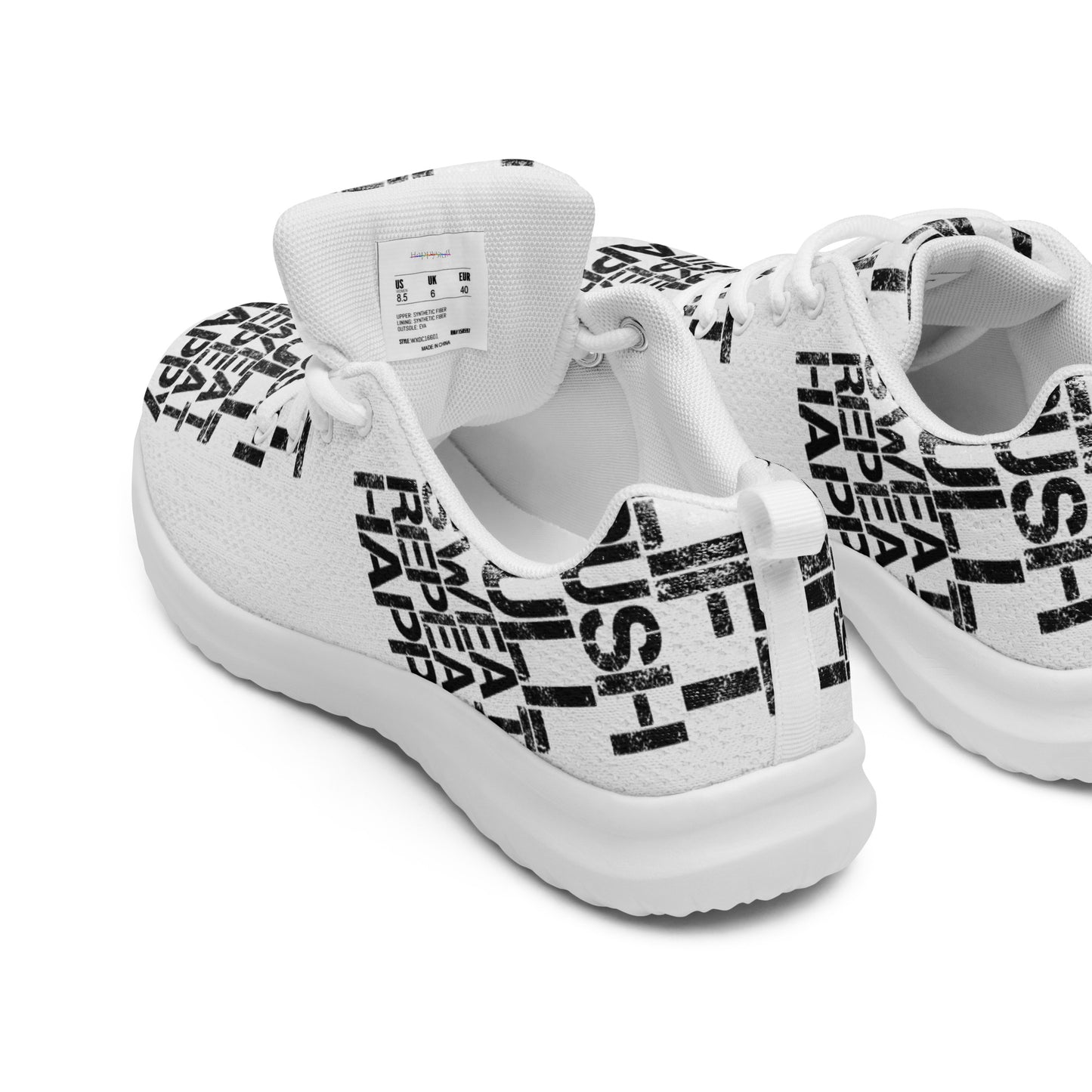 Mens white sneakers peek inside cushy insole padded collar breathable lining black lift push pull sweat repeat happy distress print