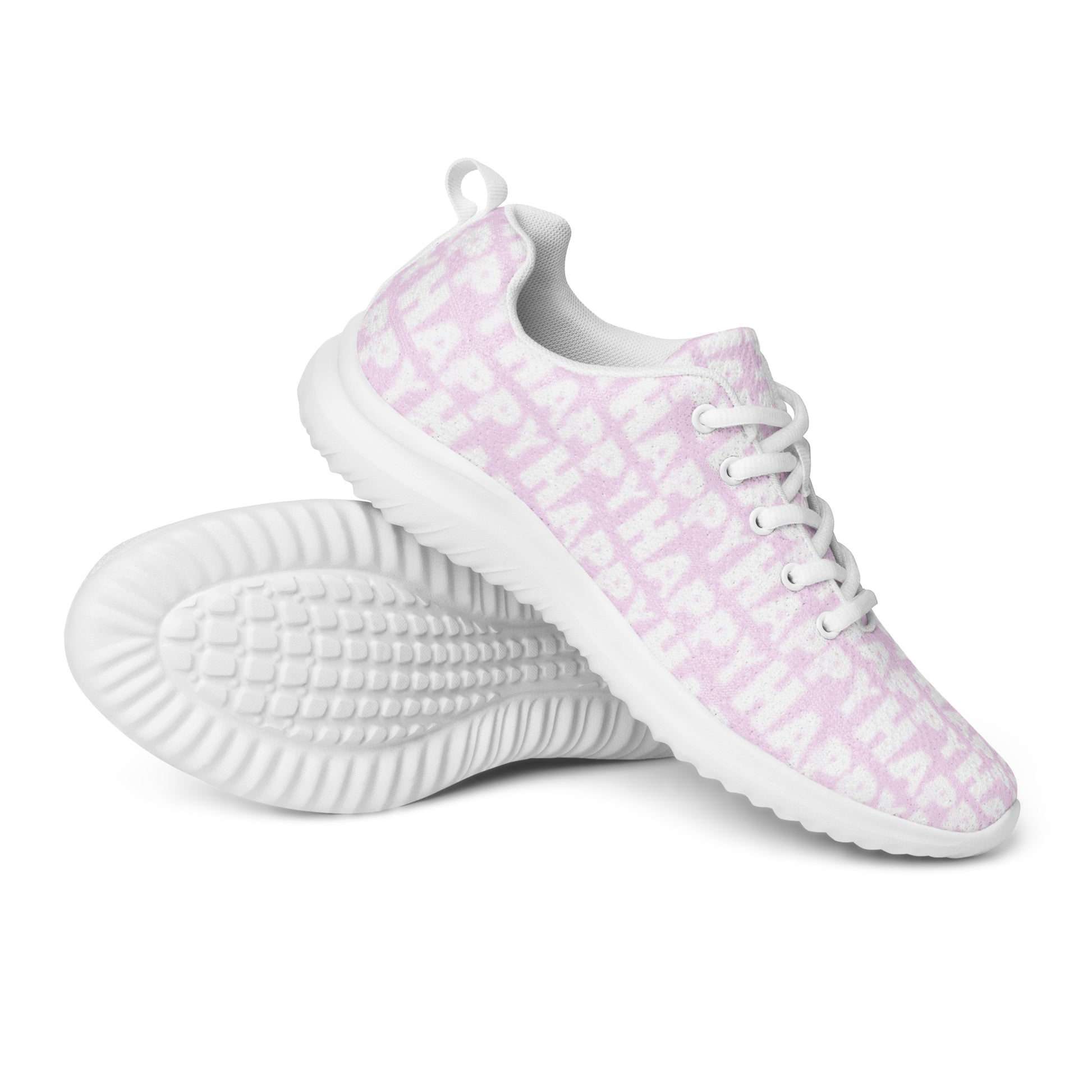 HappyStuff ultralight soft flyknit pink sneakers closeup serrated rubber sole and Happy Sponge Print mens athletic shoes