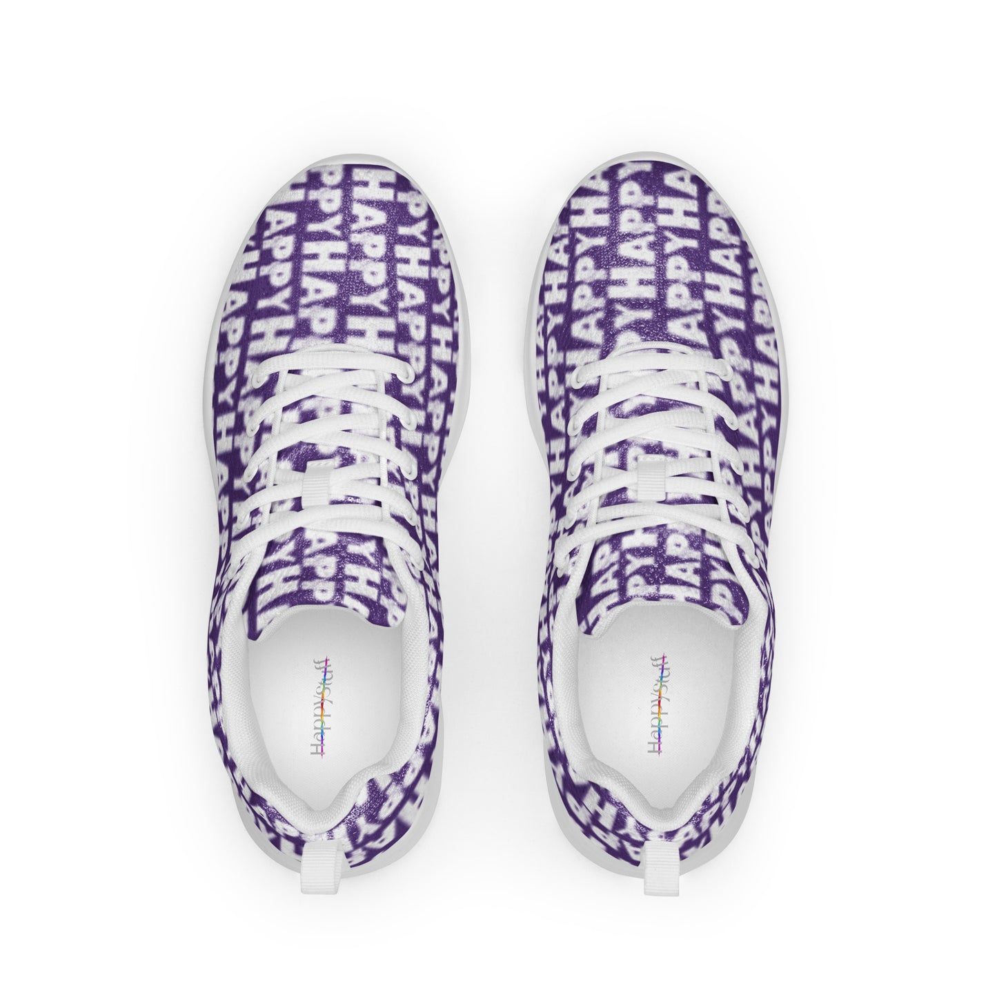 HappyStuff purple sneakers top view lace up Happy Sponge Print mens athletic shoes padded collar soft insole label showing