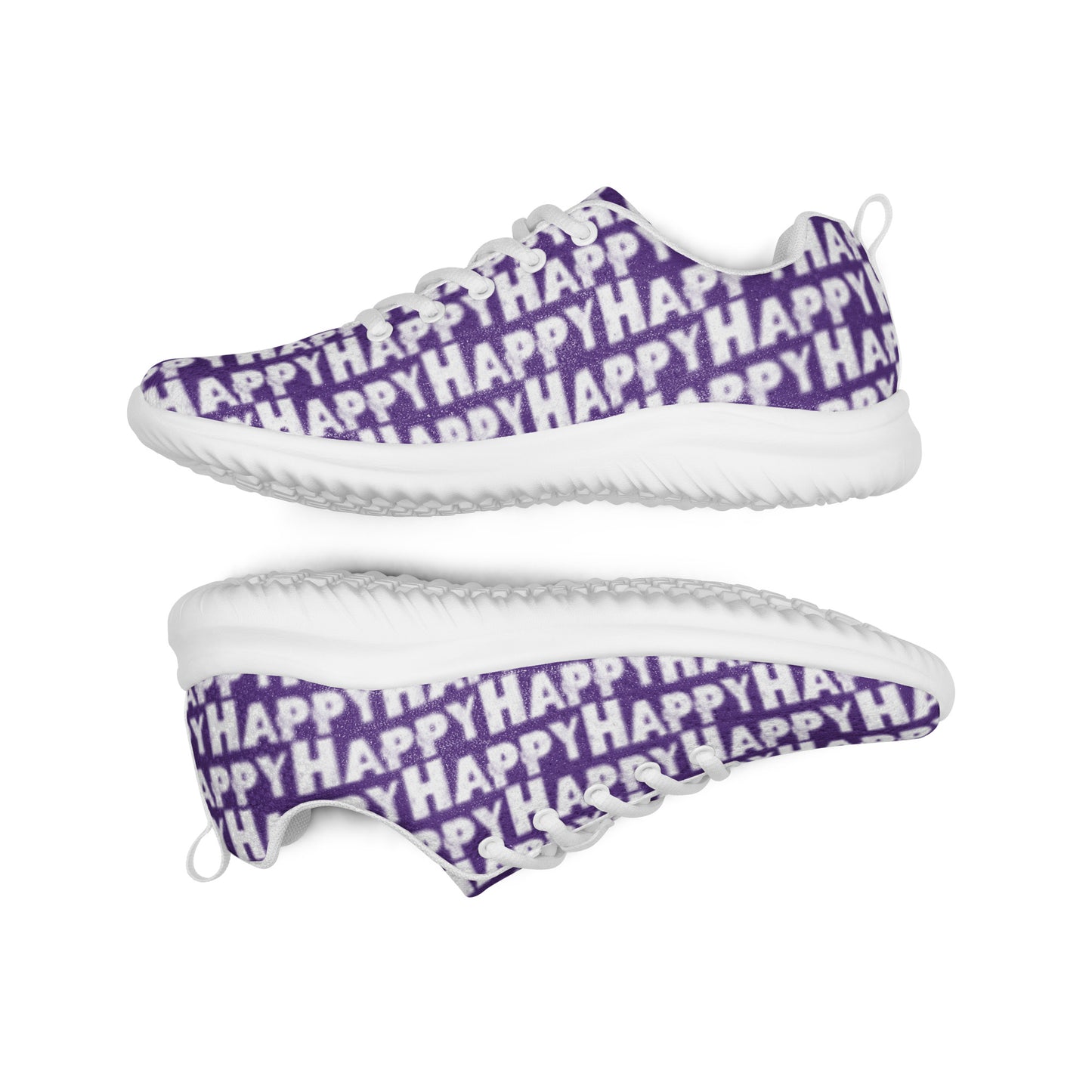 Lightweight purple sneakers flip view grip treads padded collar lace up Happy Sponge Print mens athletic shoes HappyStuff brand