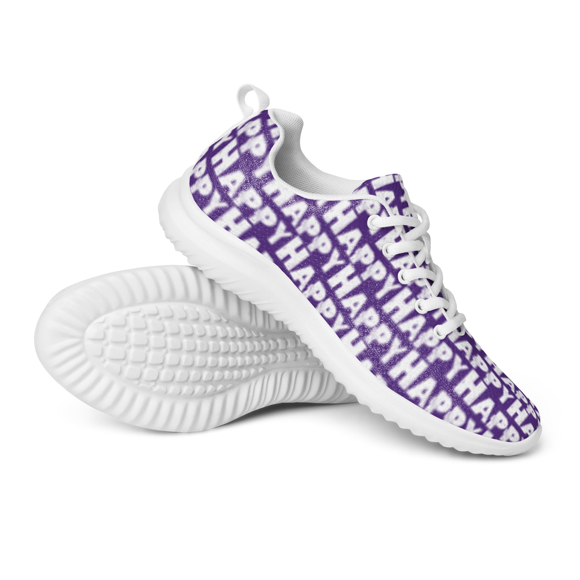 HappyStuff ultralight soft flyknit purple sneakers closeup serrated rubber sole and Happy Sponge Print mens athletic shoes