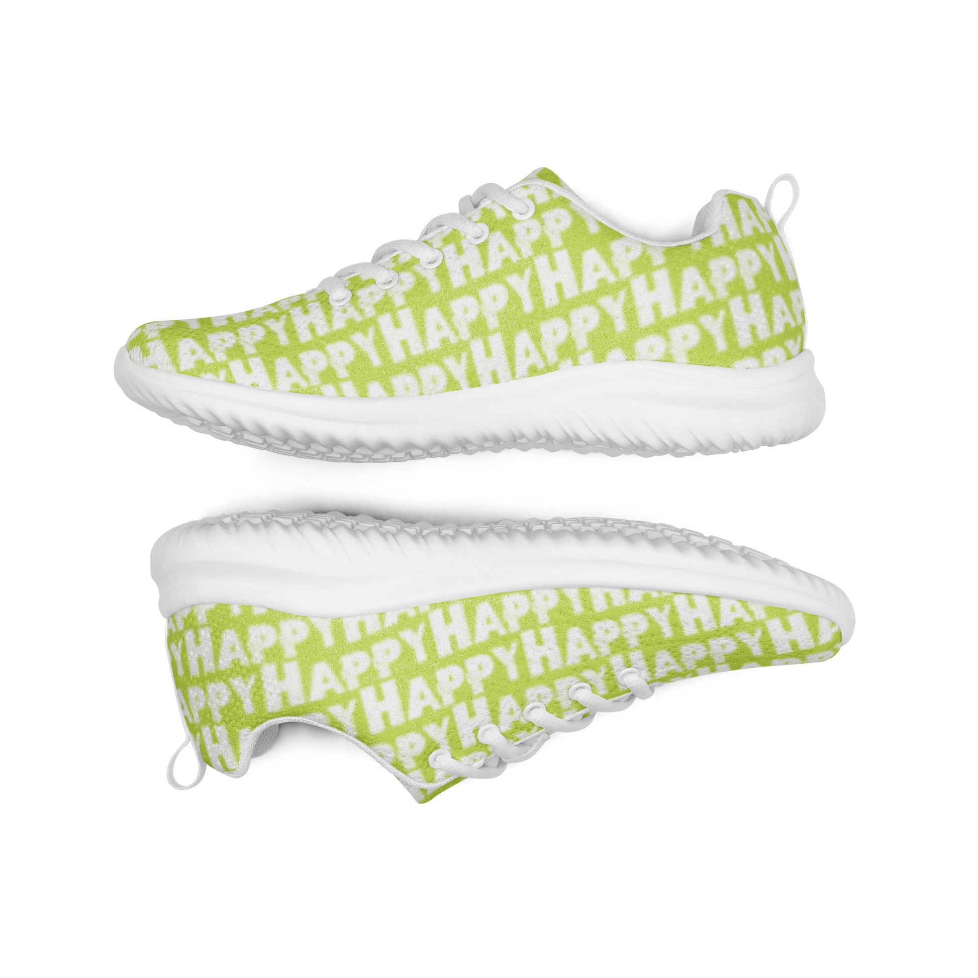 Lightweight green sneakers flip view grip treads padded collar lace up Happy Sponge Print mens athletic shoes HappyStuff brand