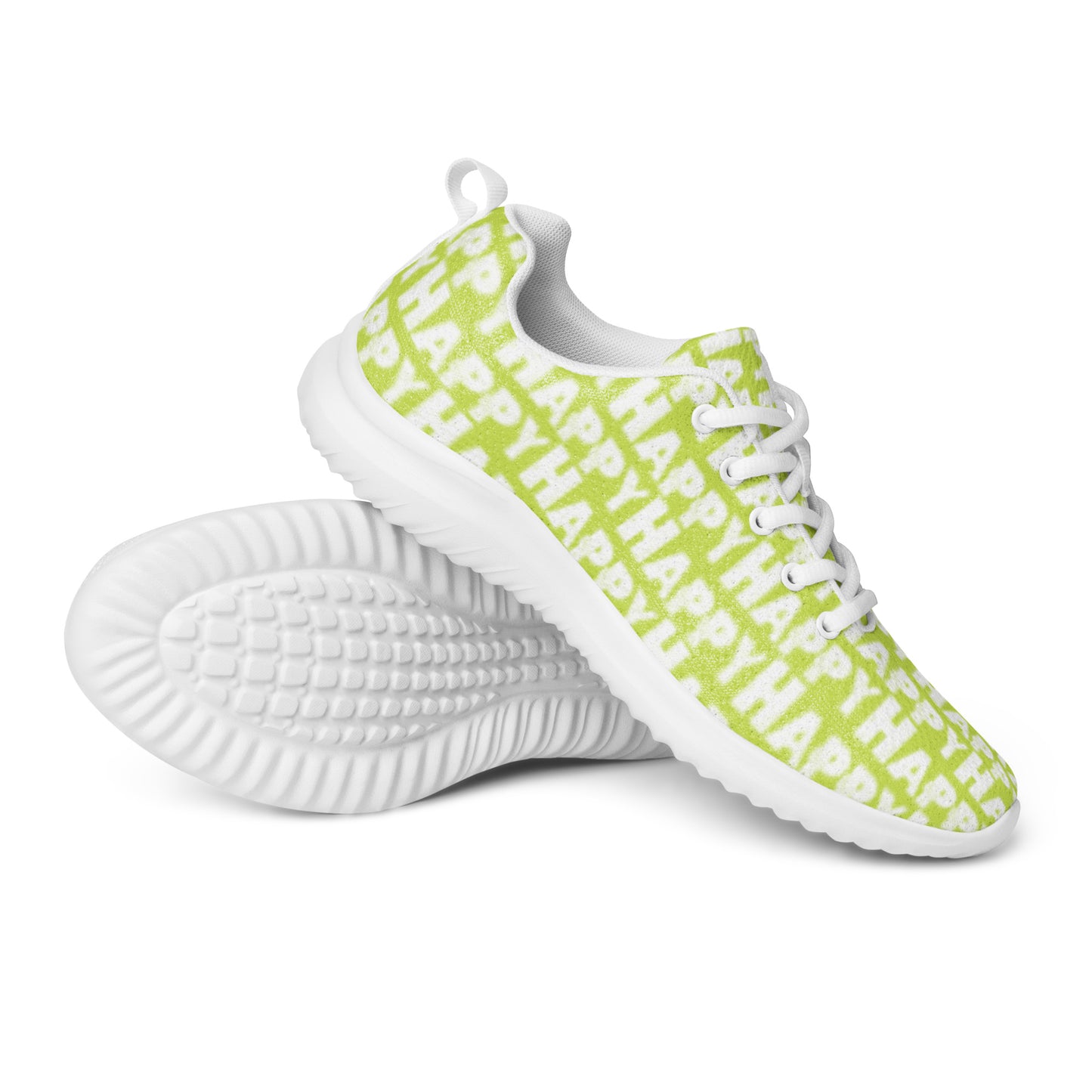 HappyStuff ultralight soft flyknit green sneakers closeup serrated rubber sole and Happy Sponge Print mens athletic shoes