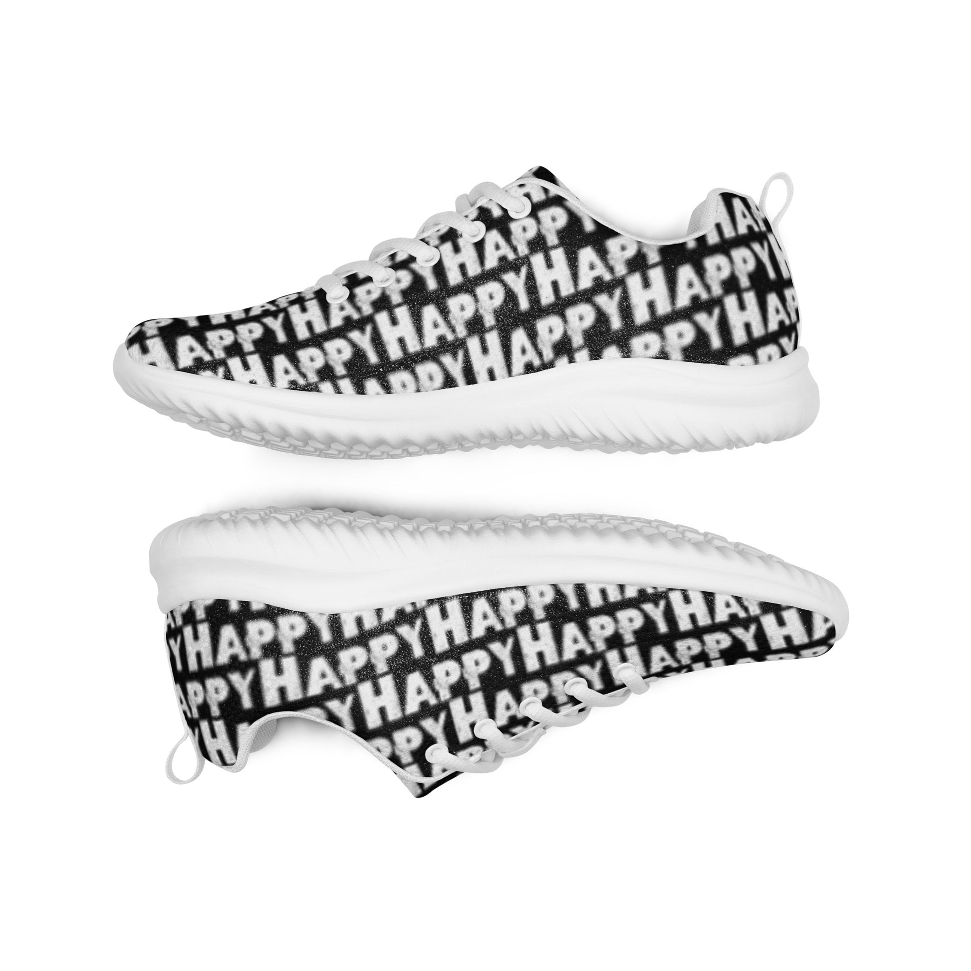 Lightweight black sneakers flip view grip treads padded collar lace up Happy Sponge Print mens athletic shoes HappyStuff brand