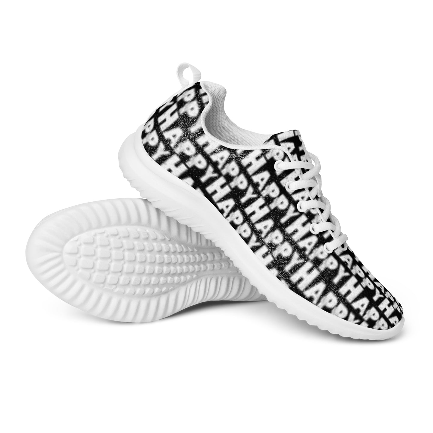 HappyStuff ultralight soft flyknit black sneakers closeup serrated rubber sole and Happy Sponge Print mens athletic shoes