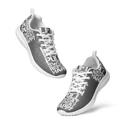 Mens ultralight flyknit slate grey sneakers floating view padded collar pull tabs white lift push pull sweat repeat happy distress print