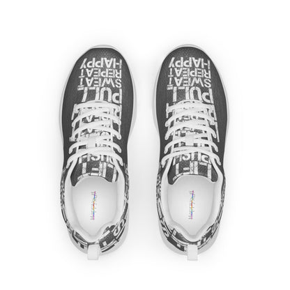 Slate grey sneakers top view mens athletic shoes padded collar soft insole label showing white lift push pull sweat repeat happy distress print