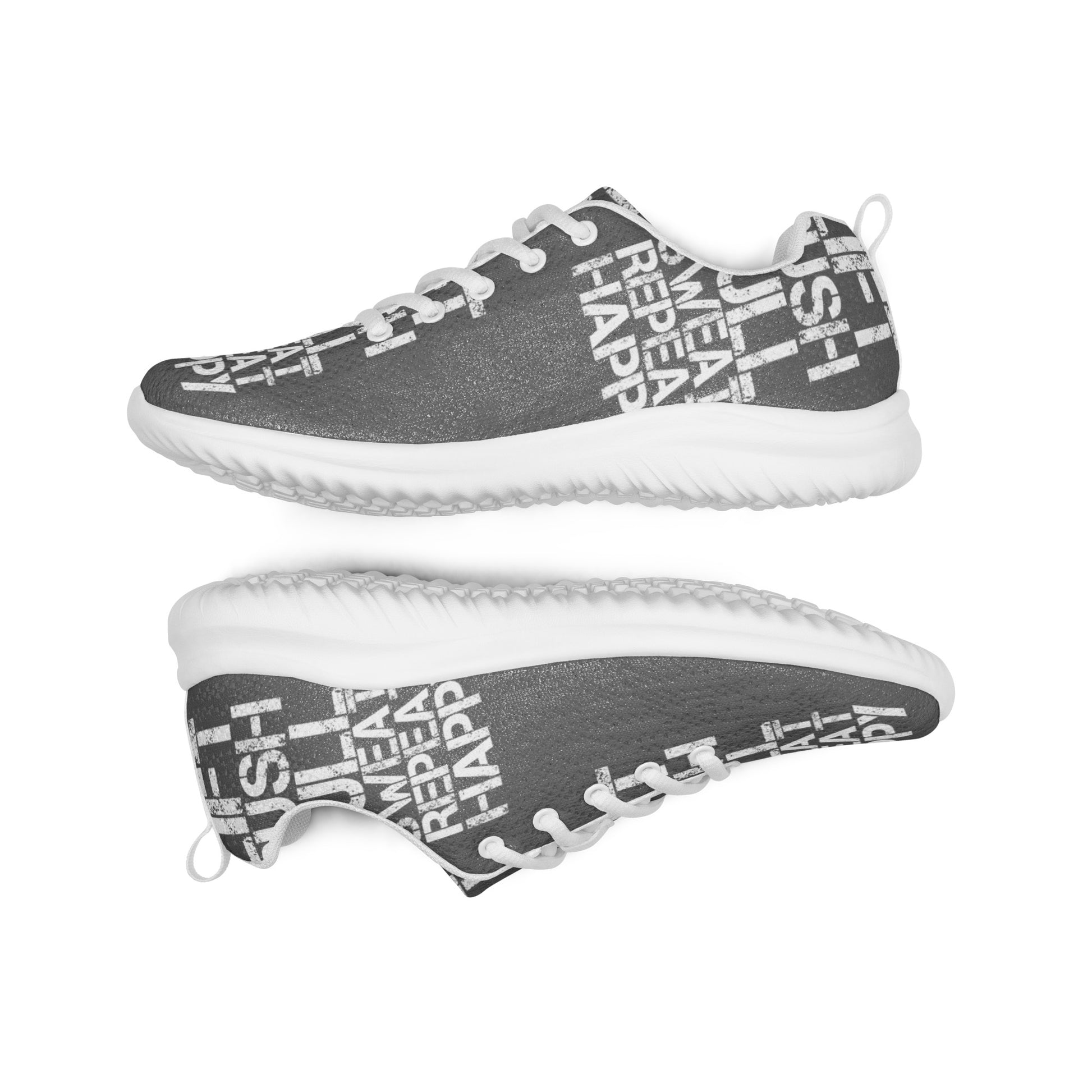 Lightweight slate grey sneakers flip view grip treads padded collar lace up lift push pull sweat repeat happy distress print mens athletic shoes