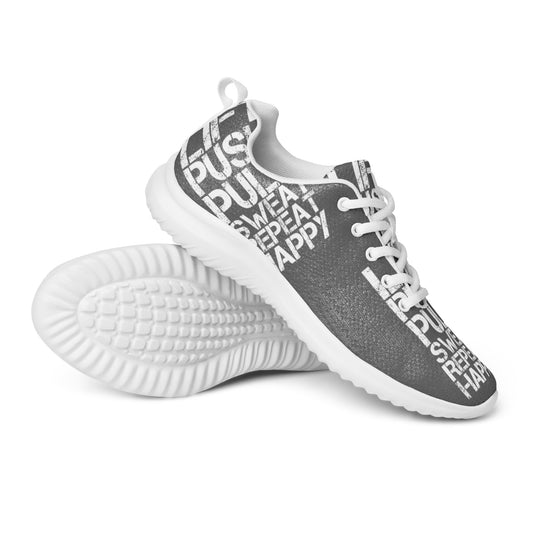 Mens slate grey athletic shoes closeup serrated rubber sole with white lift push pull sweat repeat happy distress print ultralight soft flyknit