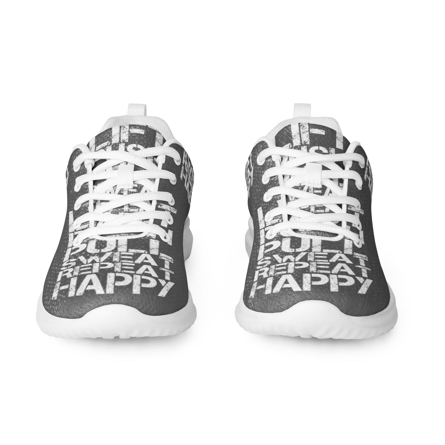 Slate grey sneakers sleek front view rubber tread detail white lift push pull sweat repeat happy distress print lace up mens athletic shoes