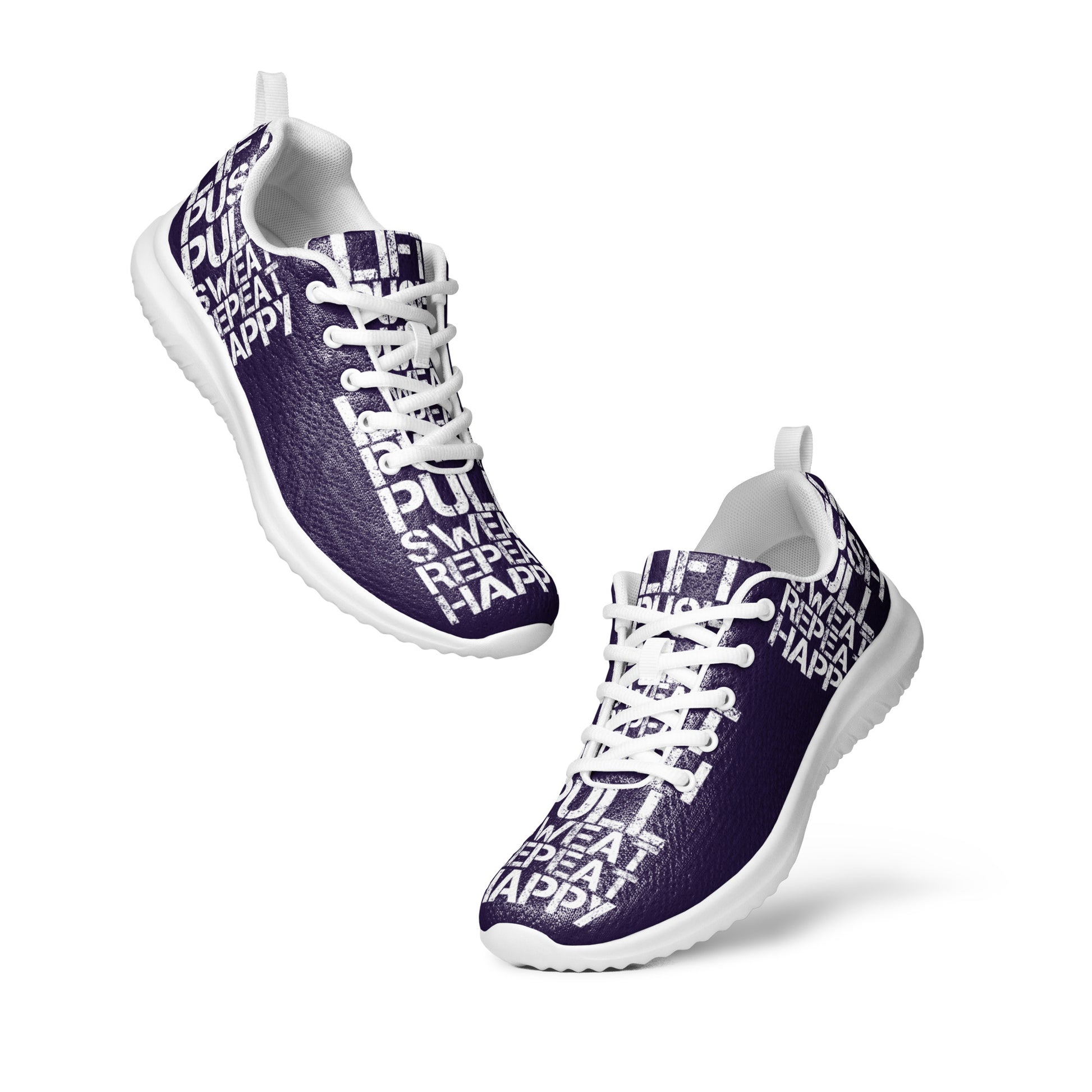 Mens ultralight flyknit dark purple sneakers floating view padded collar pull tabs white lift push pull sweat repeat happy distress print