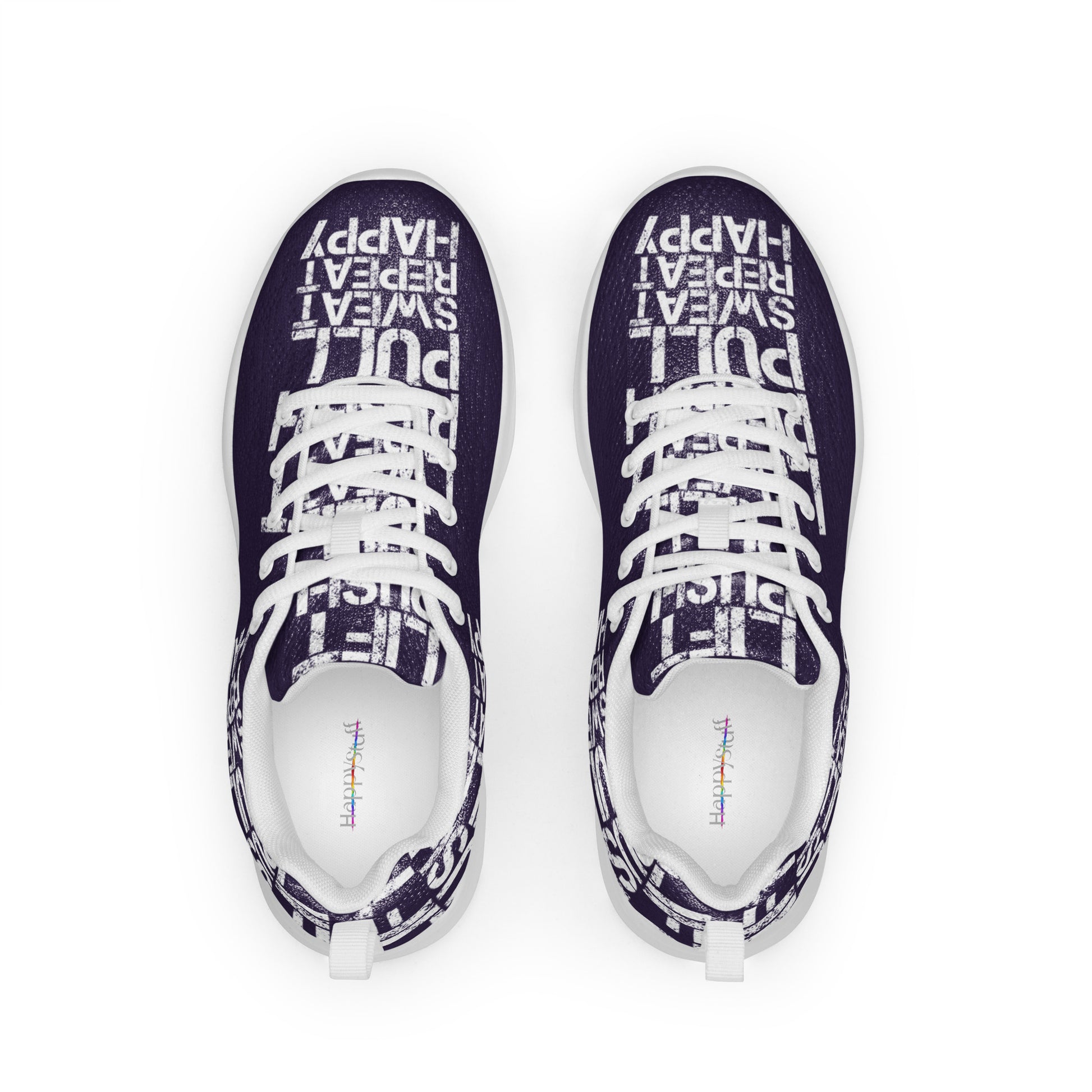 Dark purple sneakers top view mens athletic shoes padded collar soft insole label showing white lift push pull sweat repeat happy distress print